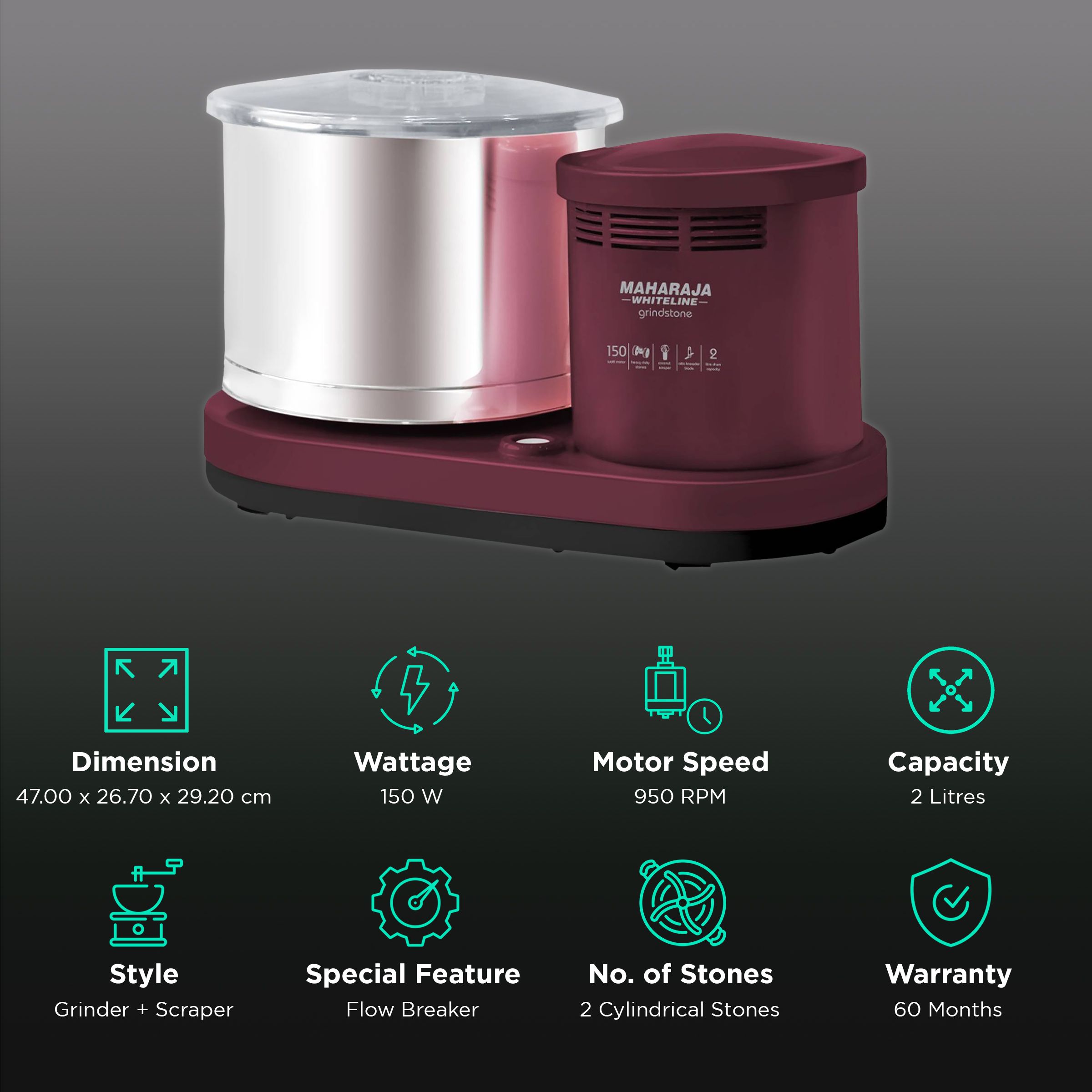 MAHARAJA WHITELINE Fortune 2 Litres 2 Stones Wet Grinder (Heavy Duty Operation, Cherry) MAHARAJA WHITELINE Fortune 2 Litres 2 Stones Wet Grinder (Heavy Duty Operation, Cherry)_2