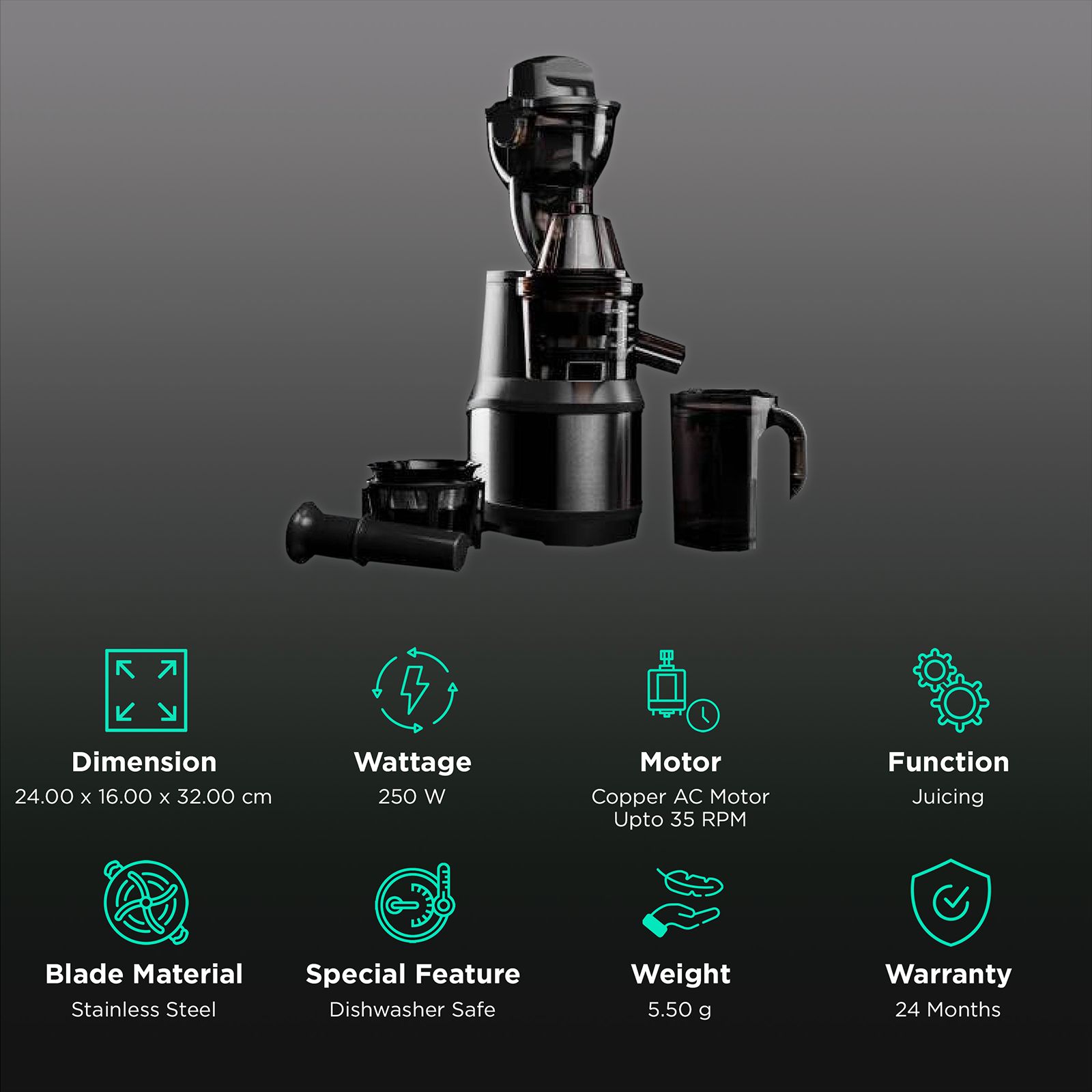 HAFELE Magnus 250 Watt Cold Press Juicer (35 RPM, Vertical Masticating Mechanism, Black) HAFELE Magnus 250 Watt Cold Press Juicer (35 RPM, Vertical Masticating Mechanism, Black)_2