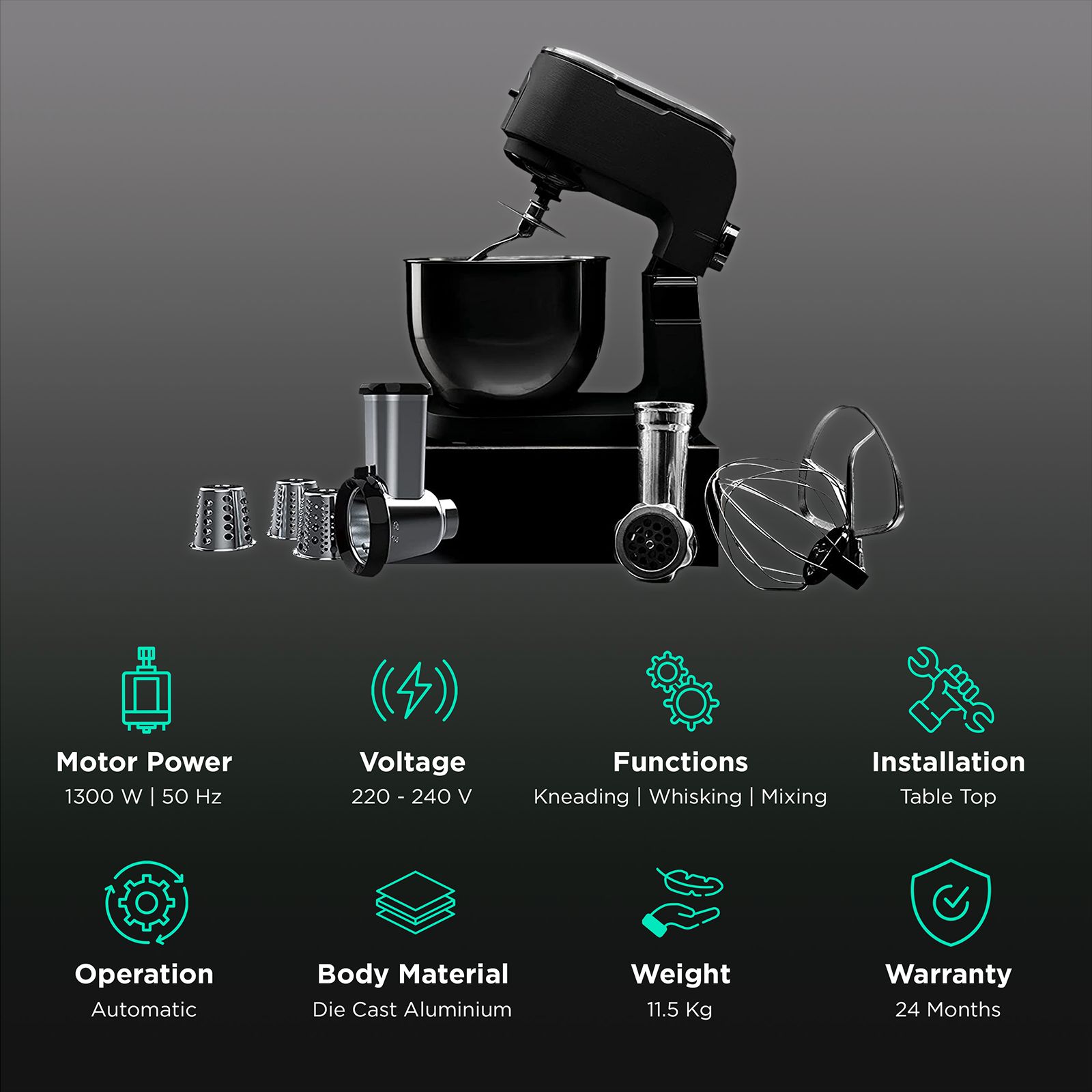HAFELE Viola Pro 1300 Watt Stand Mixer (Die Cast Aluminium Body, Grey)_2