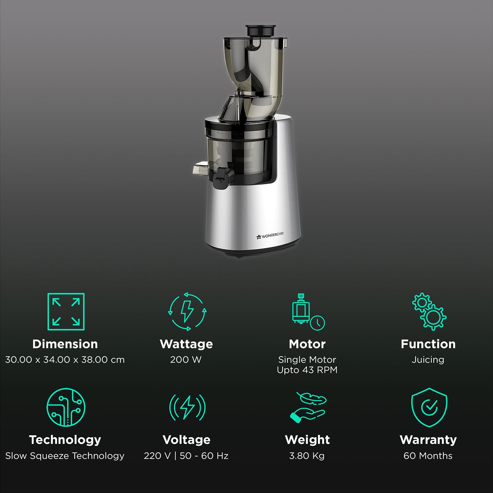 WONDERCHEF V6 200 Watt 2 Jars Cold Press Slow Juicer (43 RPM, Cold Press Technology, Black/Silver) WONDERCHEF V6 200 Watt 2 Jars Cold Press Slow Juicer (43 RPM, Cold Press Technology, Black/Silver)_2