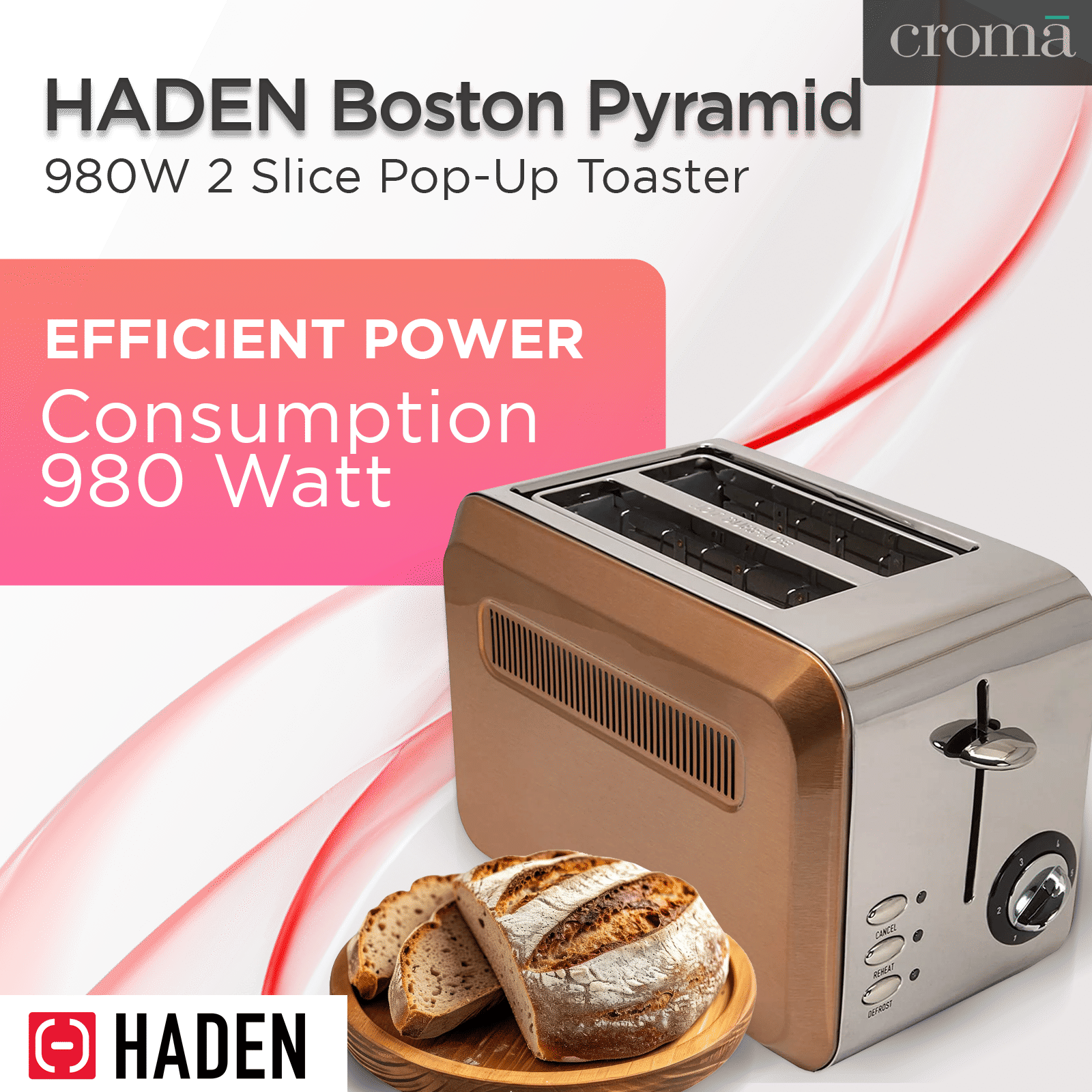 HADEN Boston Pyramid 980W 2 Slice Pop-Up Toaster with Removable Crumb Tray (Copper)_12