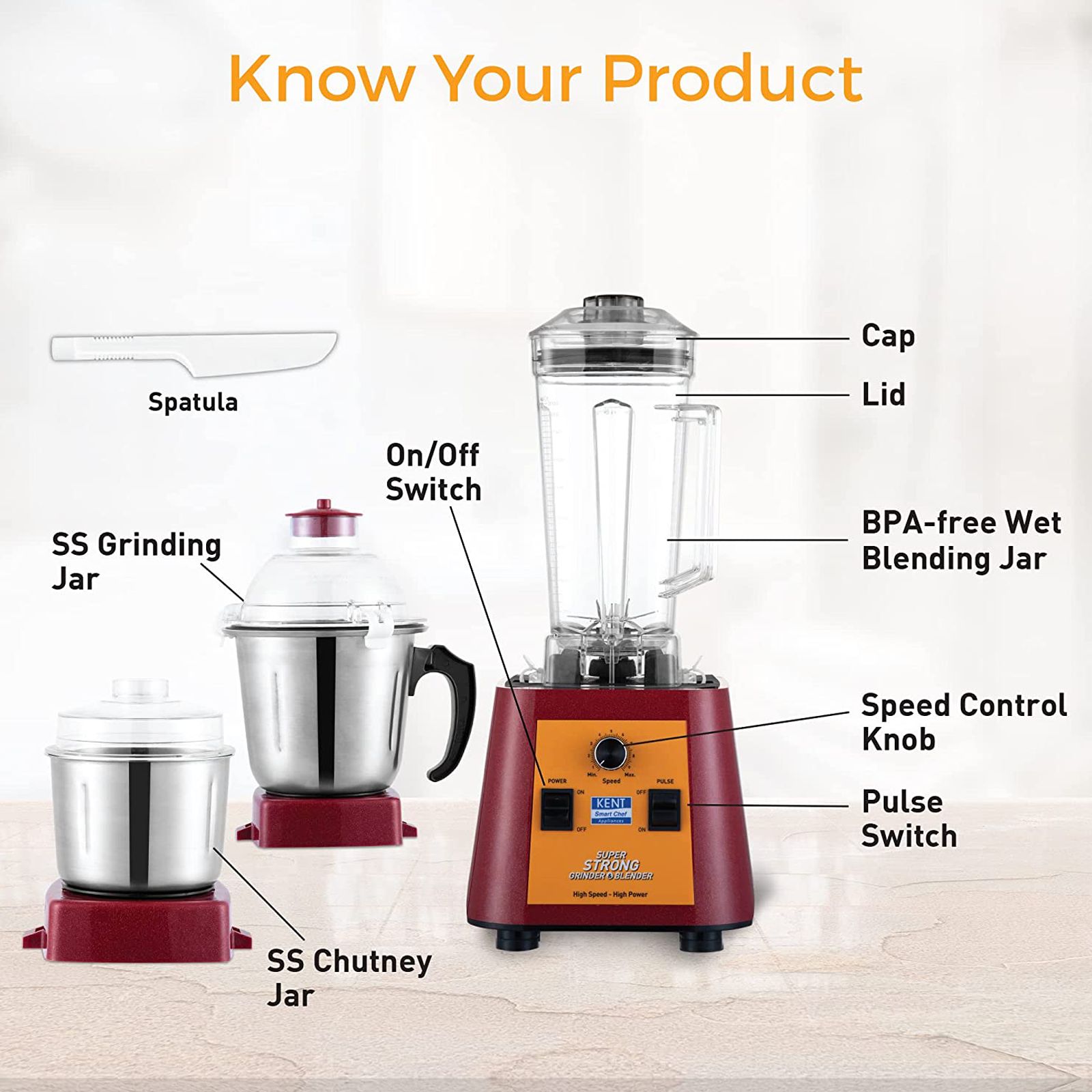 KENT Super Strong 1200 Watt 3 Jars Mixer Grinder Blender (30000 RPM, High Speed Operation, Red) KENT Super Strong 1200 Watt 3 Jars Mixer Grinder Blender (30000 RPM, High Speed Operation, Red)_6