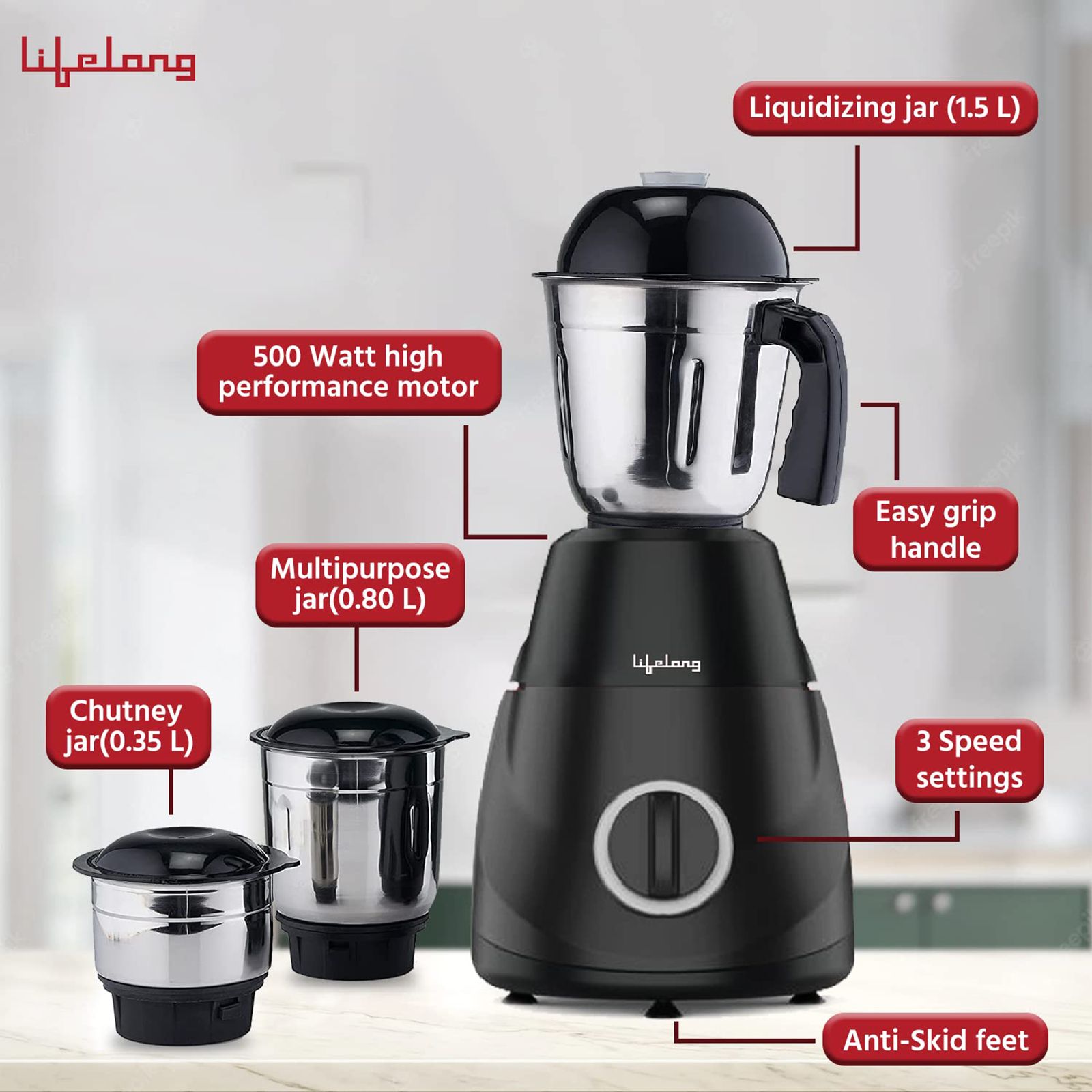 Lifelong Power Pro LX 500 Watt 3 Jars Mixer Grinder (18000 RPM, 3 Speed Control with Incher, Black)_6