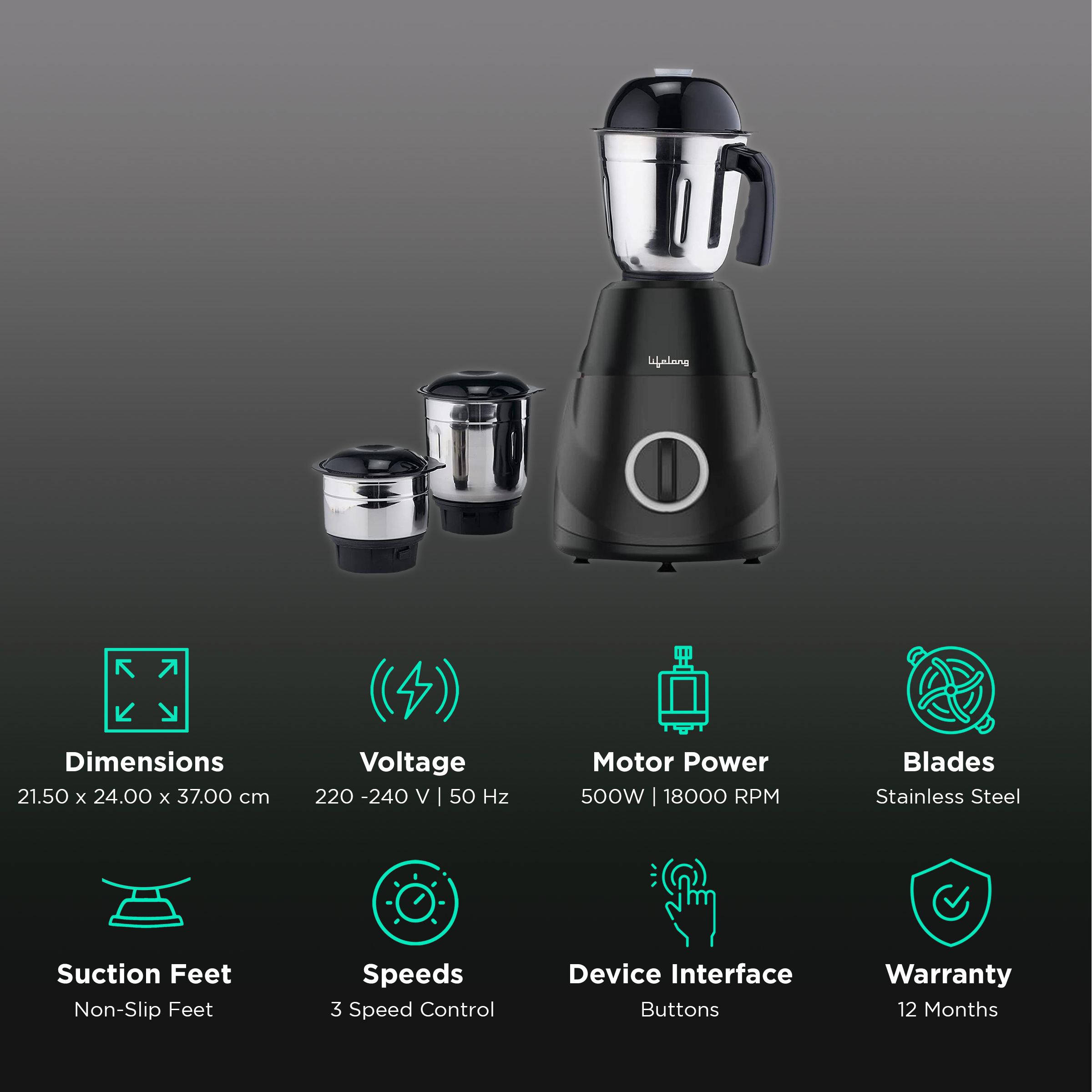 Lifelong Power Pro LX 500 Watt 3 Jars Mixer Grinder (18000 RPM, 3 Speed Control with Incher, Black)_2