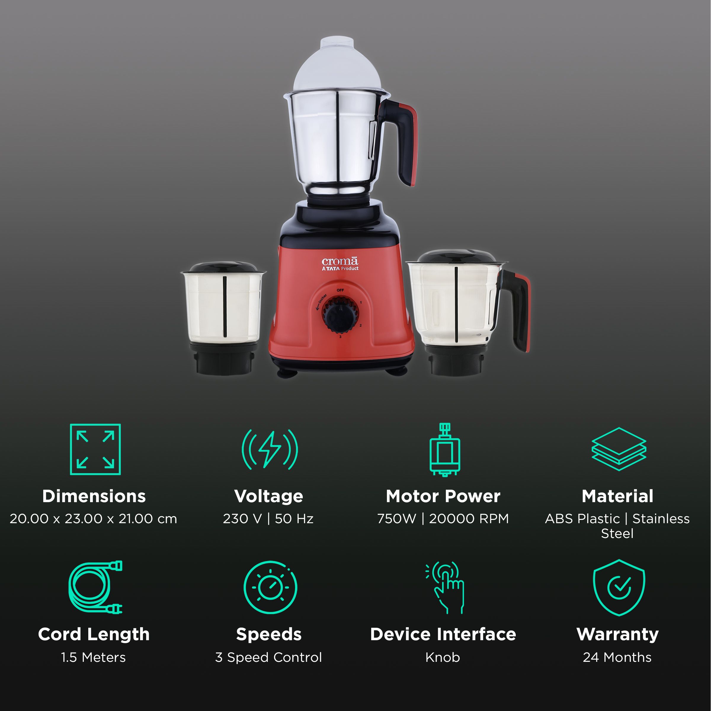 Croma 750 Watt 3 Jars Mixer Grinder (20000 RPM, Overload Protection, Red & Black)_2