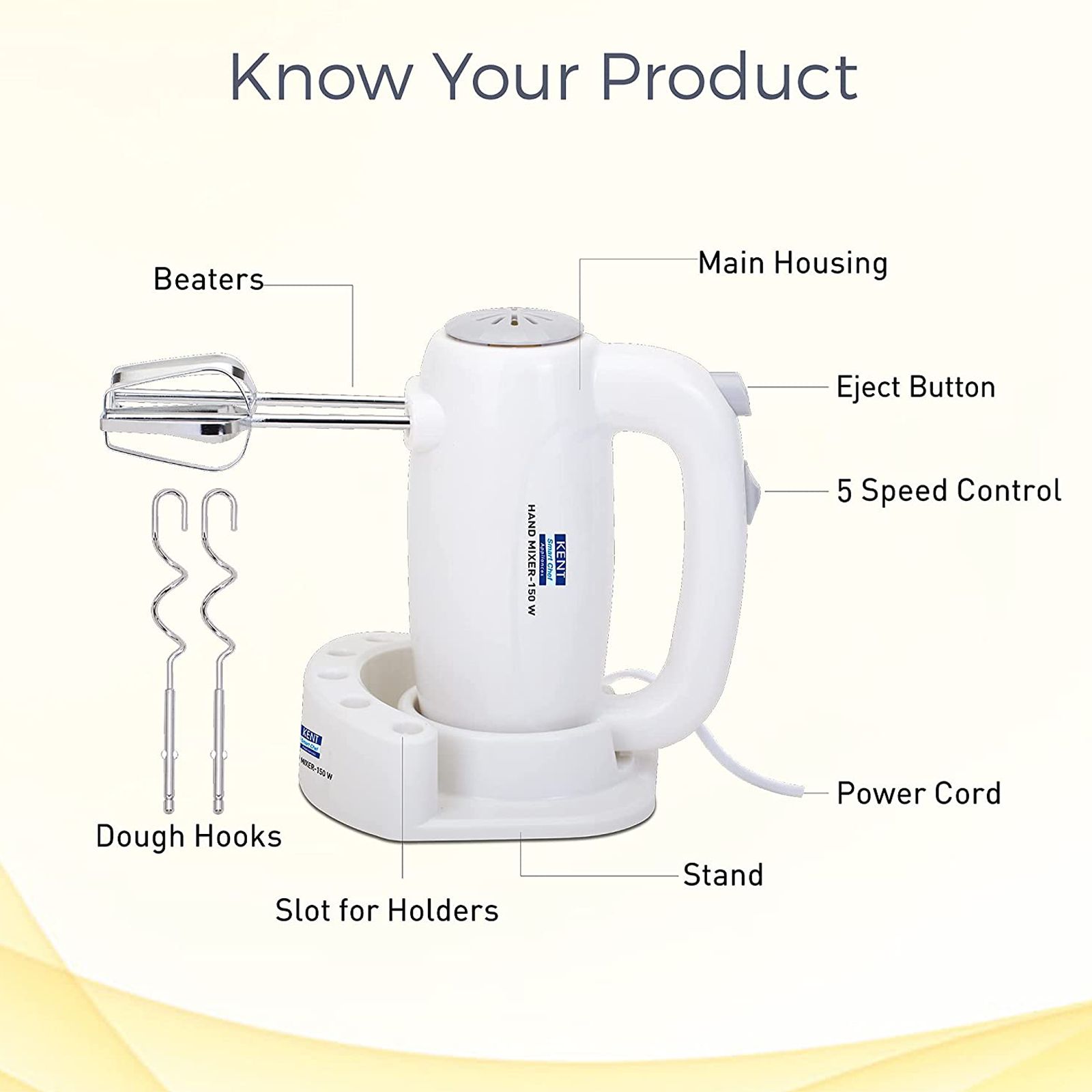 KENT 150 Watt 5 Speed Hand Blender with 4 Attachments (Overload Protection, White)_8