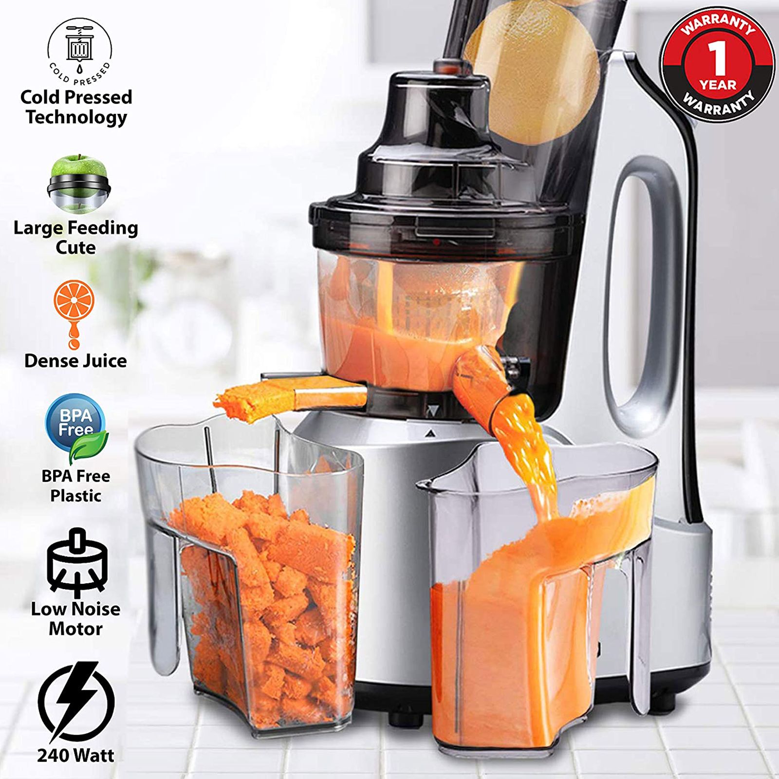 AGARO Imperial 240 Watt Slow Juicer (65 RPM, Cold Pressed Technology, Black & Grey)_6