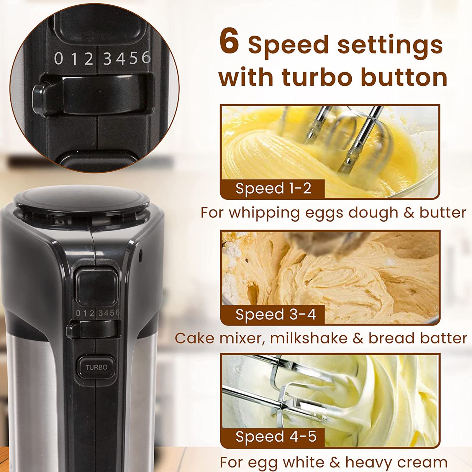 AGARO Elegant 300 Watt 6 Speed Hand Mixer with 4 Attachments (Powerful Motor, Silver & Black) AGARO Elegant 300 Watt 6 Speed Hand Mixer with 4 Attachments (Powerful Motor, Silver & Black)_2
