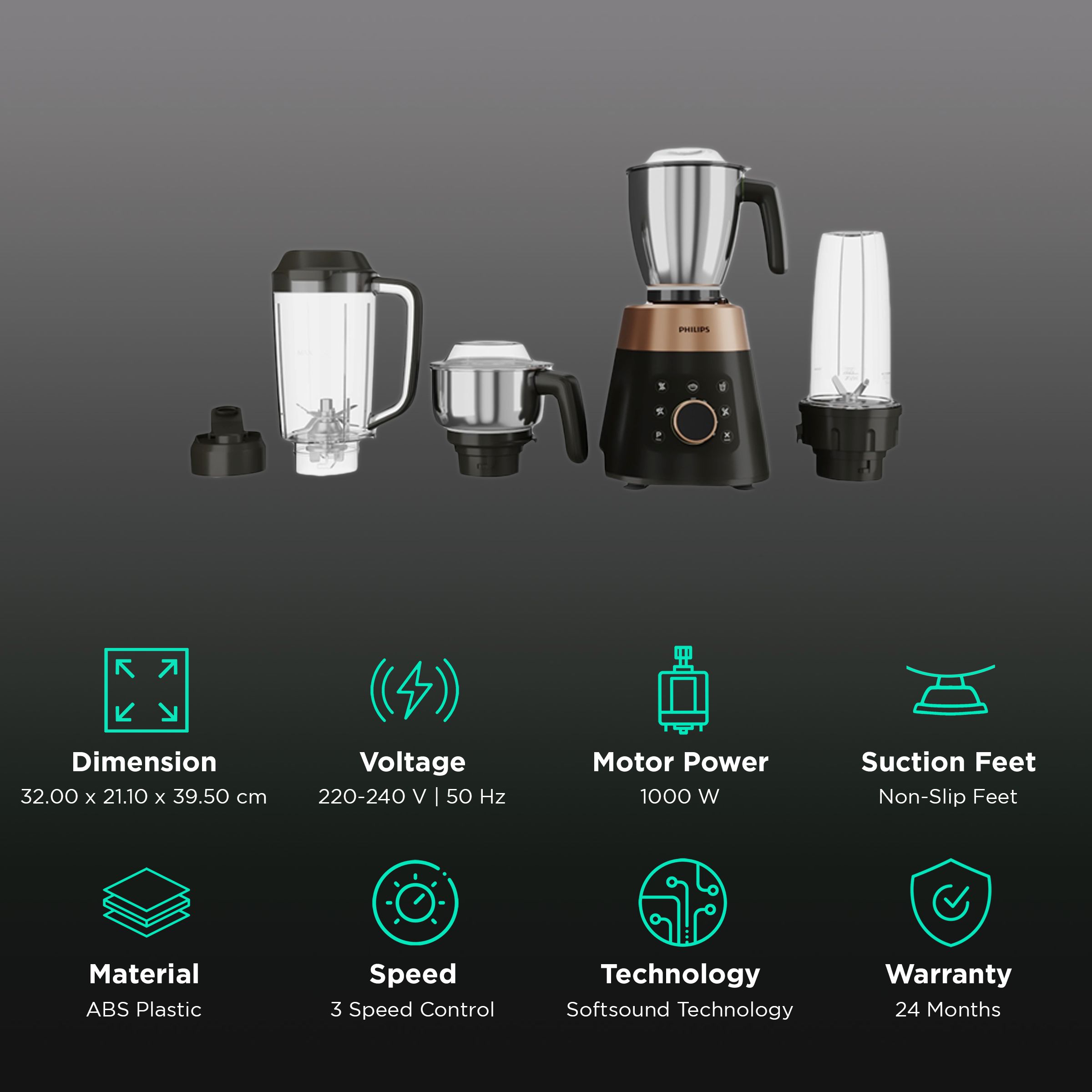 PHILIPS 1000 Watt 4 Jars Mixer Grinder (5 Preset Modes, Black) PHILIPS 1000 Watt 4 Jars Mixer Grinder (5 Preset Modes, Black)_2