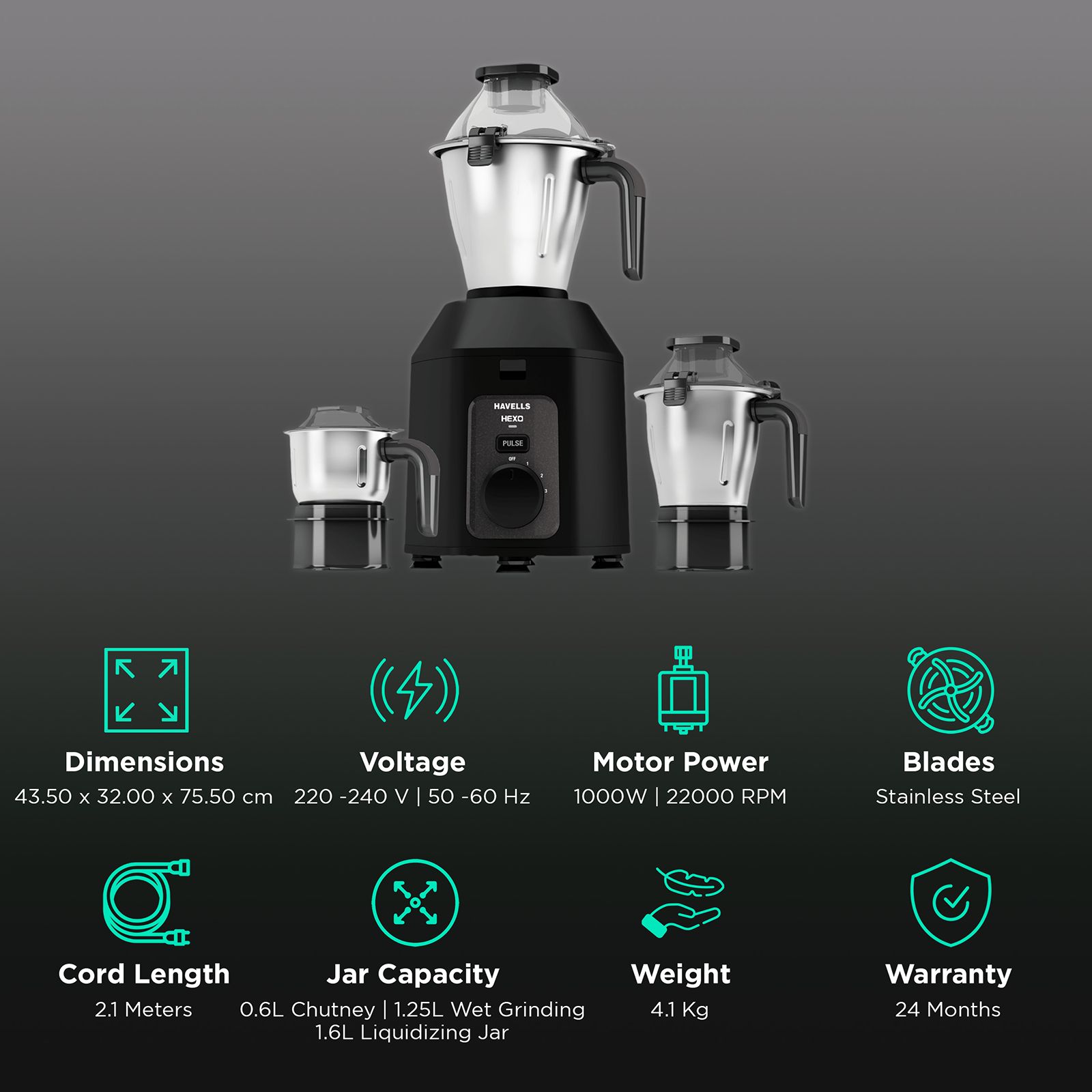 HAVELLS Hexo 1000 Watt 3 Jars Mixer Grinder (22000 RPM, Stainless Steel Blade, Black) HAVELLS Hexo 1000 Watt 3 Jars Mixer Grinder (22000 RPM, Stainless Steel Blade, Black)_2