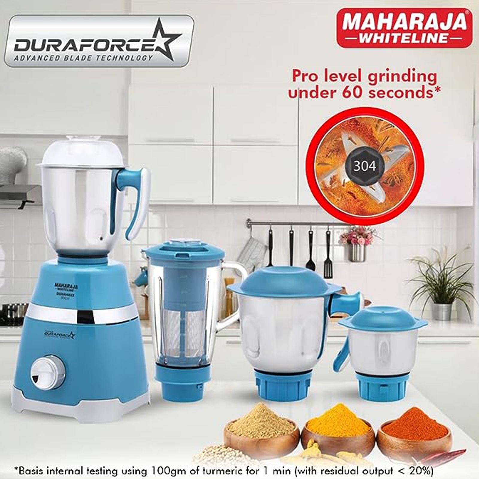MAHARAJA WHITELINE Duramaxx 800 Watt 4 Jars Mixer Grinder (20000 RPM, Copper Motor, Turquoise Blue and Silver)_3