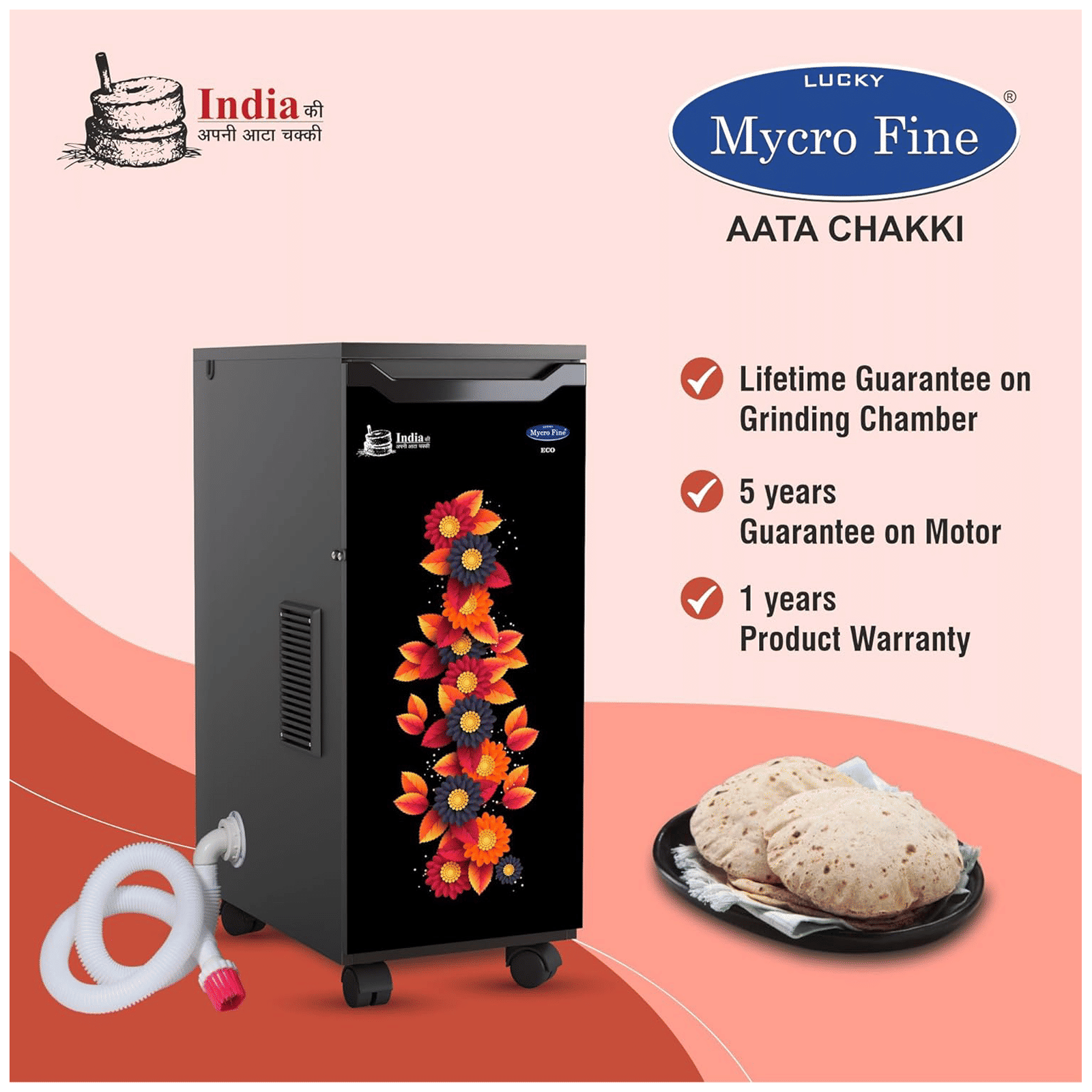 Mycro Fine ECO VC 5 Kg Flour Mill Machine (Copper Winding Motor, Orange Flower)_2