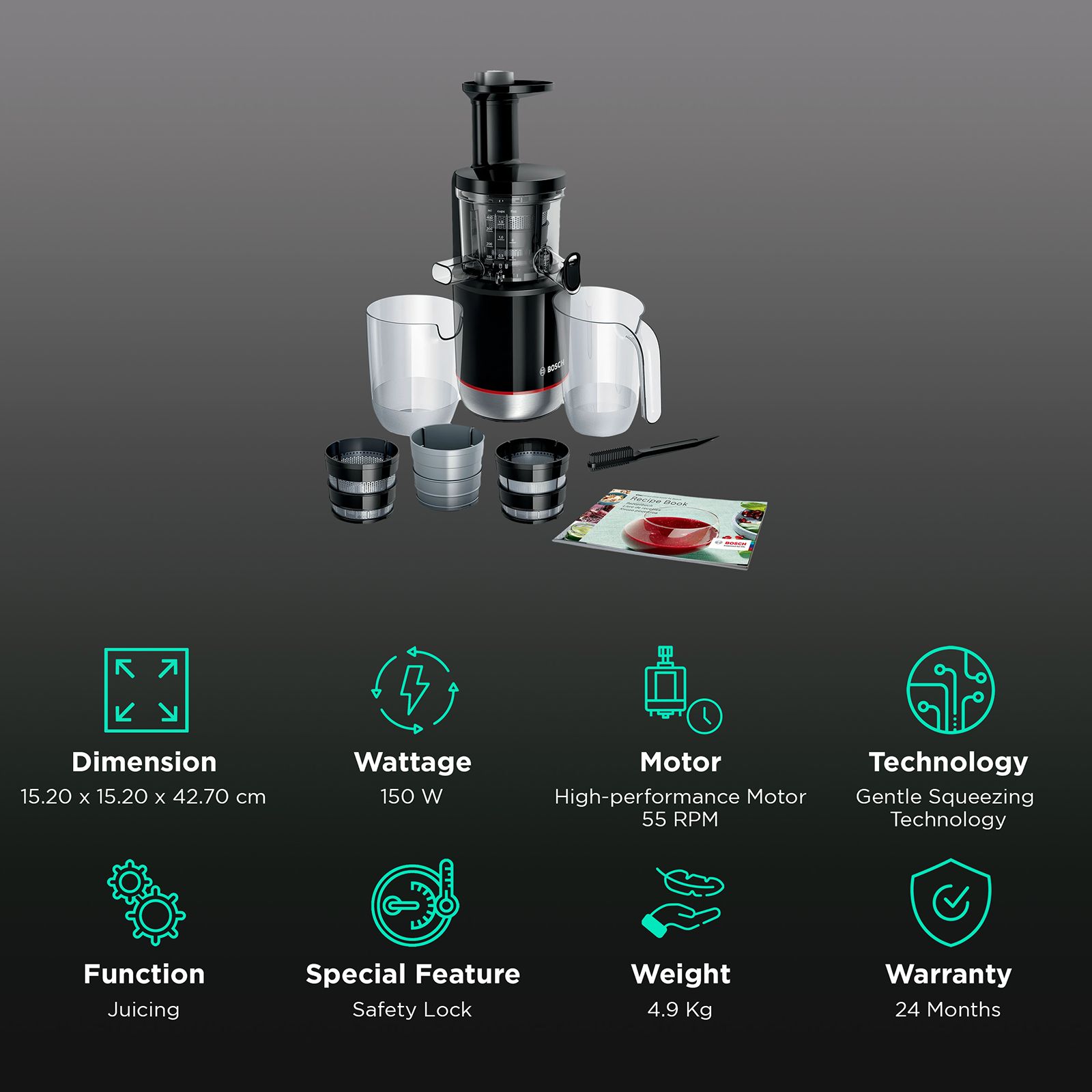 BOSCH VitaExtract 150 Watt 2 Jars Slow Juicer (55 RPM, GentleSqueezing Technology, Black)_2