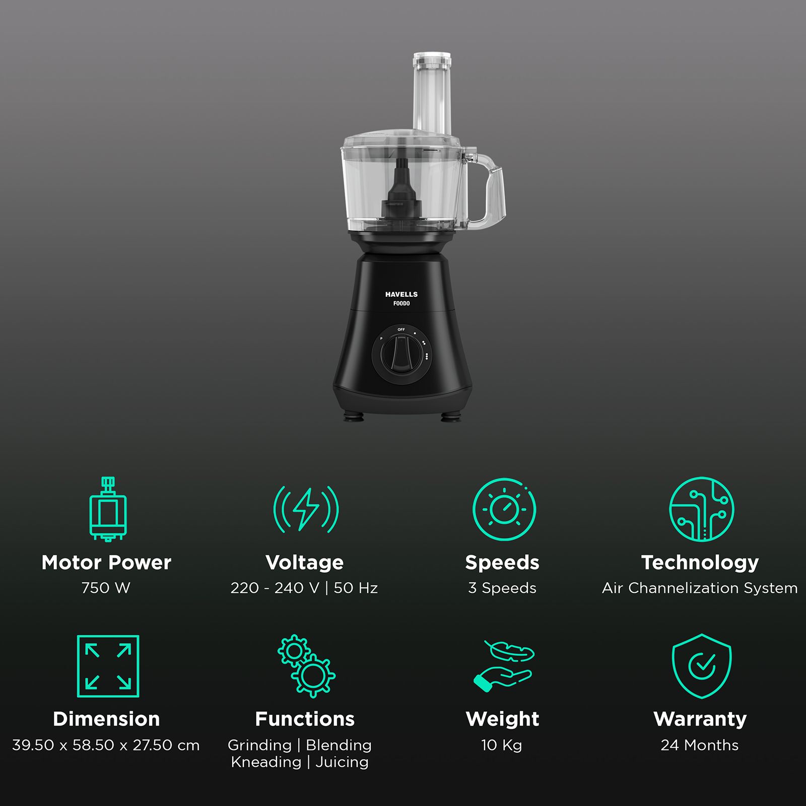 HAVELLS Foodo 750 Watt Food Processor with 10 Blades (Black) HAVELLS Foodo 750 Watt Food Processor with 10 Blades (Black)_2