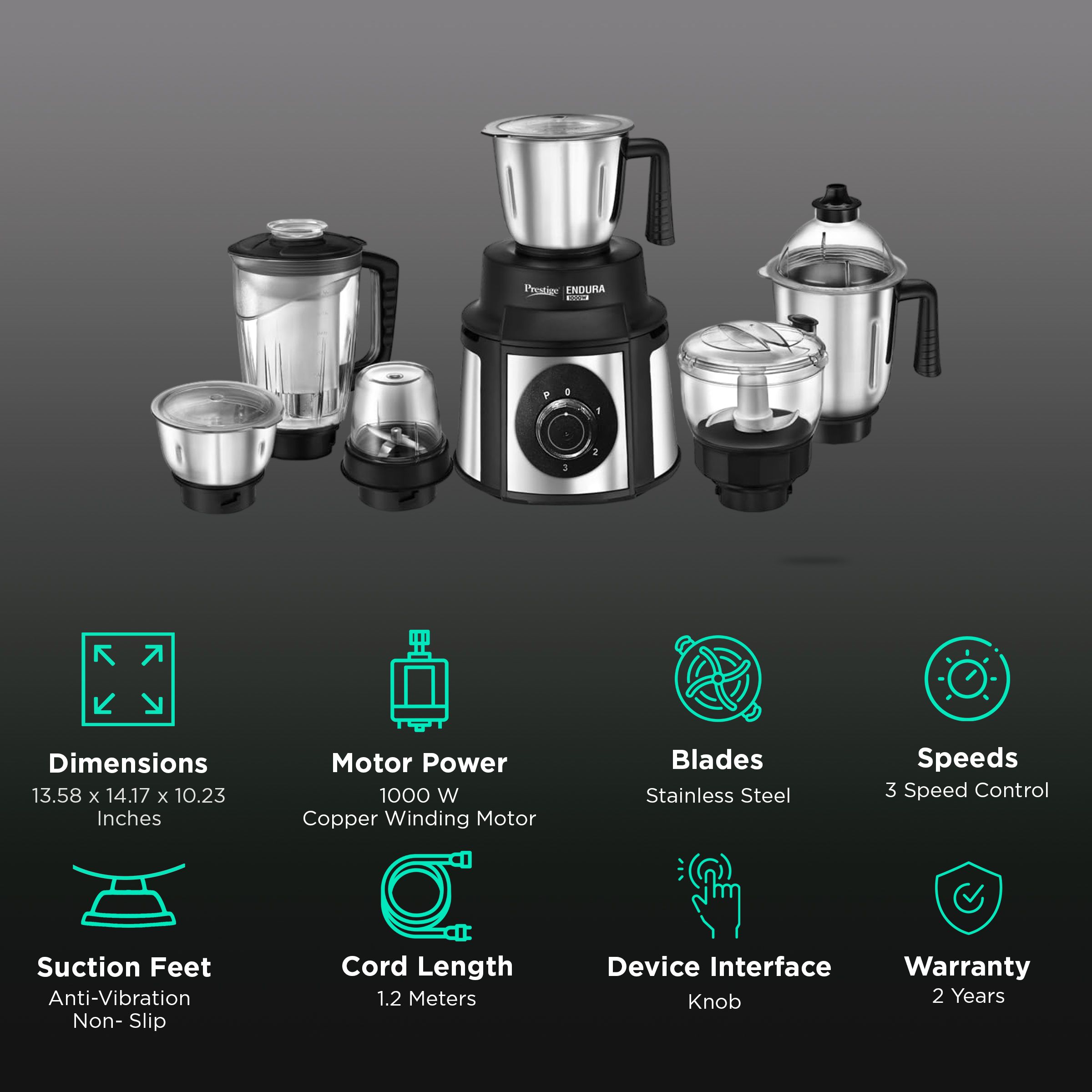 Prestige Endura 1000 Watt 6 Jars Mixer Grinder (Copper Motor, Black & Silver)_2