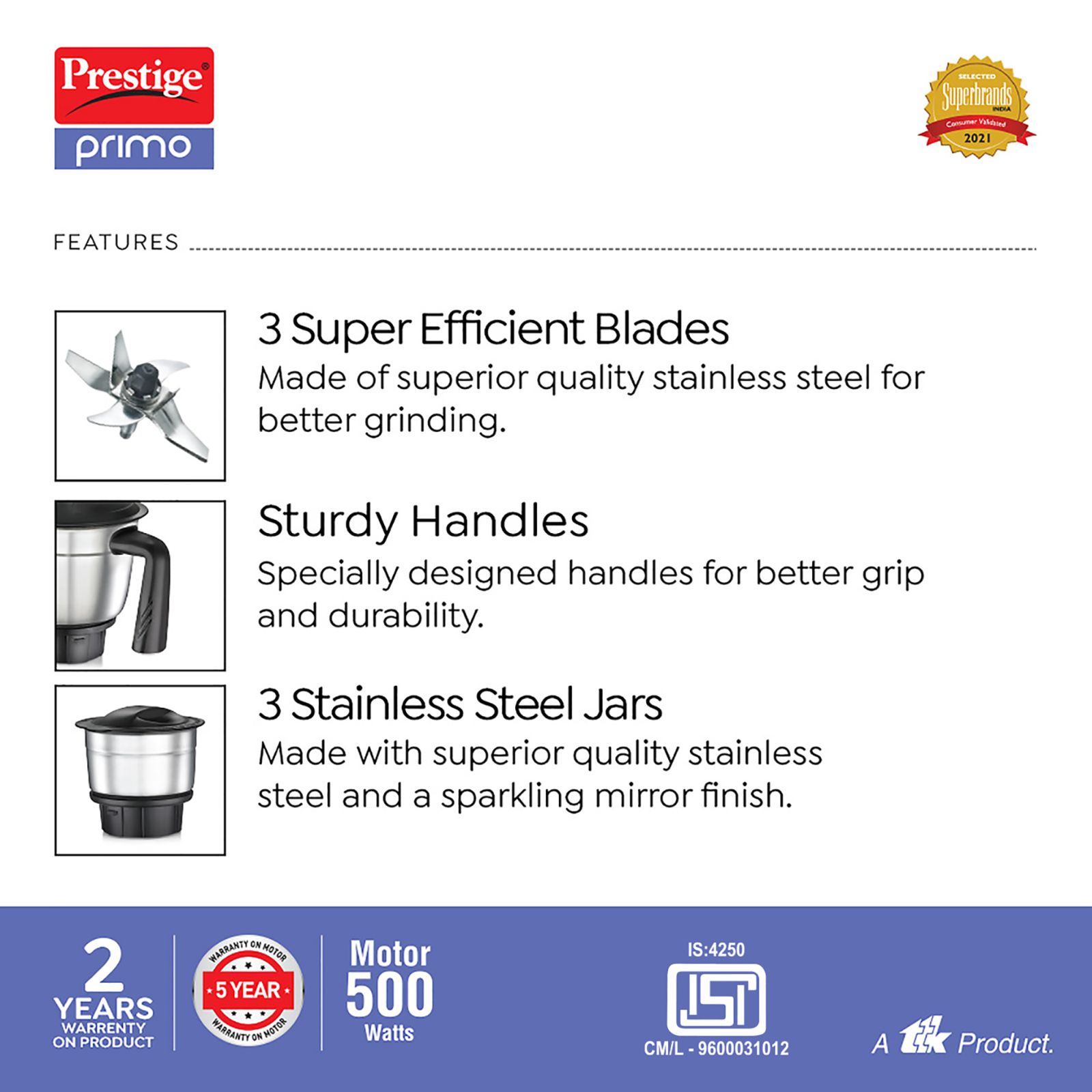 Prestige Primo 500 Watt 3 Jars Mixer Grinder (Ergonomic Design, White and Black)_6