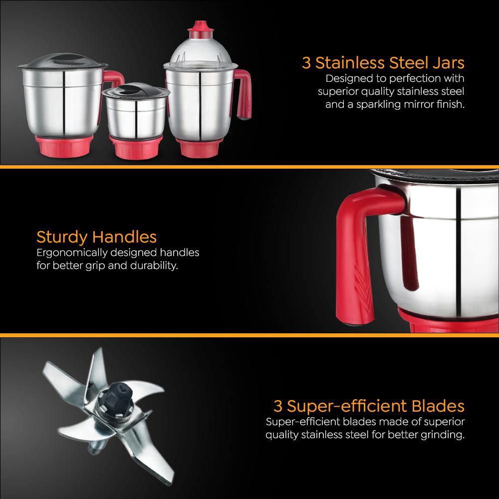 Prestige Regal 750 Watt 3 Jars Mixer Grinder (Sparkling Mirror Finish, Black & Red)_5