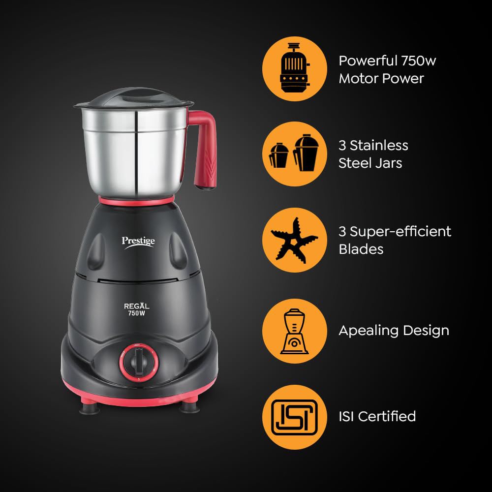 Prestige Regal 750 Watt 3 Jars Mixer Grinder (Sparkling Mirror Finish, Black & Red)_4