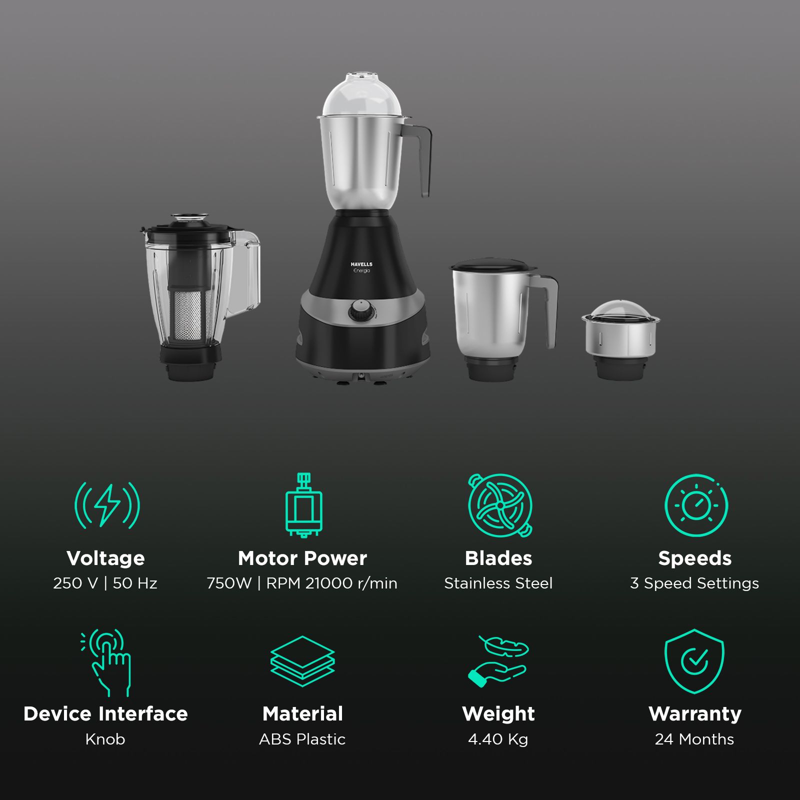 Havells Energia 750 Watt 4 Jars Mixer Grinder (21000 RPM, Powerful Motor, Grey) Havells Energia 750 Watt 4 Jars Mixer Grinder (21000 RPM, Powerful Motor, Grey)_2