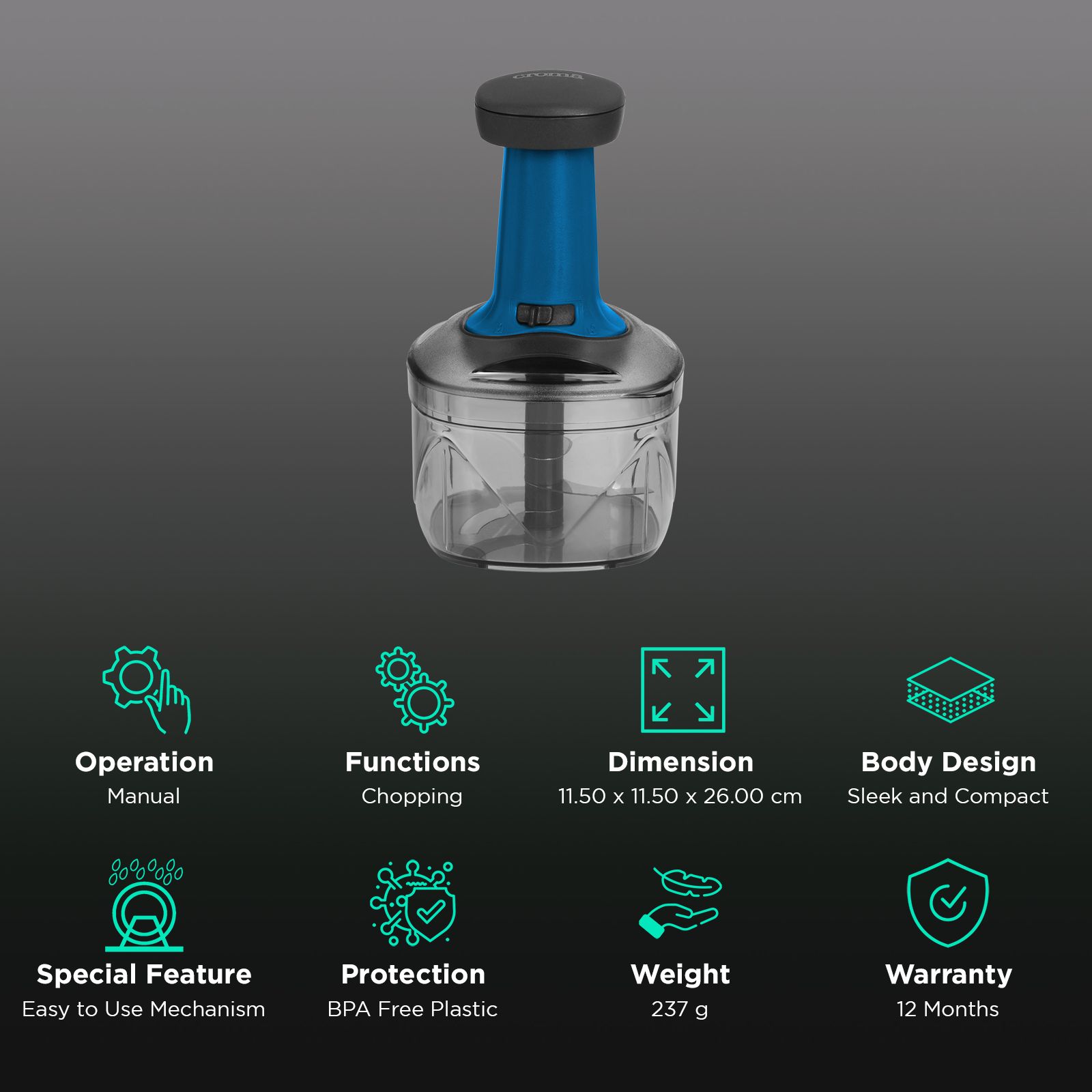 Croma Manual Push Chopper 600 ml (Blue and Black) Croma Manual Push Chopper 600 ml (Blue and Black)_2