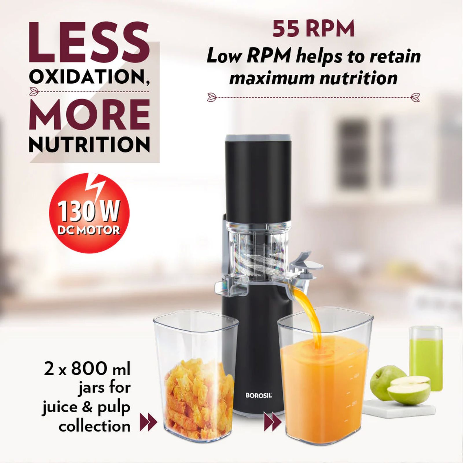 BOROSIL BSJU13WB01 130 Watt 2 Jars Cold Press Juicer (55 RPM, Slow Squeeze Juicing Technology, Black) BOROSIL BSJU13WB01 130 Watt 2 Jars Cold Press Juicer (55 RPM, Slow Squeeze Juicing Technology, Black)_4