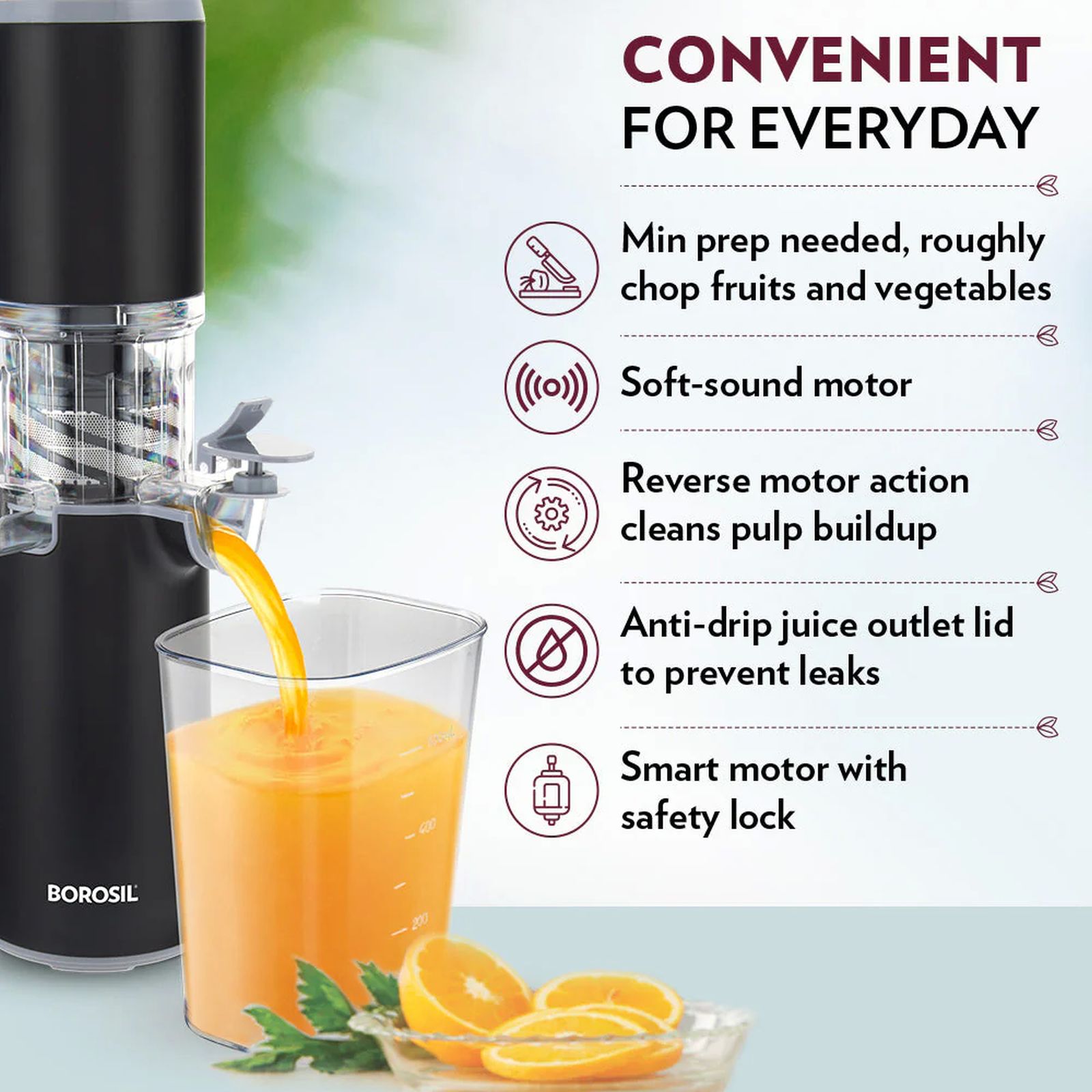 BOROSIL BSJU13WB01 130 Watt 2 Jars Cold Press Juicer (55 RPM, Slow Squeeze Juicing Technology, Black) BOROSIL BSJU13WB01 130 Watt 2 Jars Cold Press Juicer (55 RPM, Slow Squeeze Juicing Technology, Black)_5