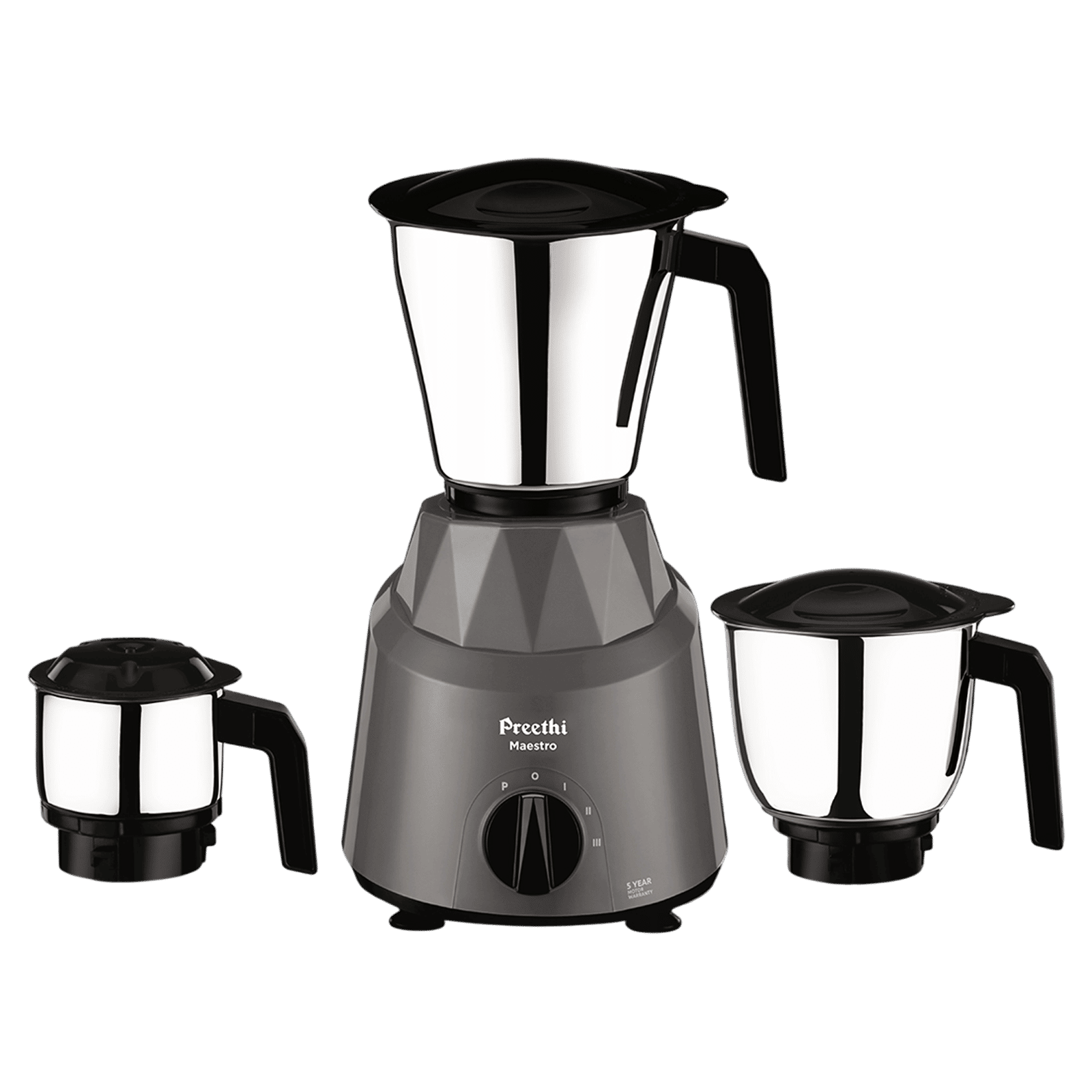 Preethi Maestro 750 Watt 3 Jars Mixer Grinder (18000 RPM, Stainless Steel Jars, Grey)_1