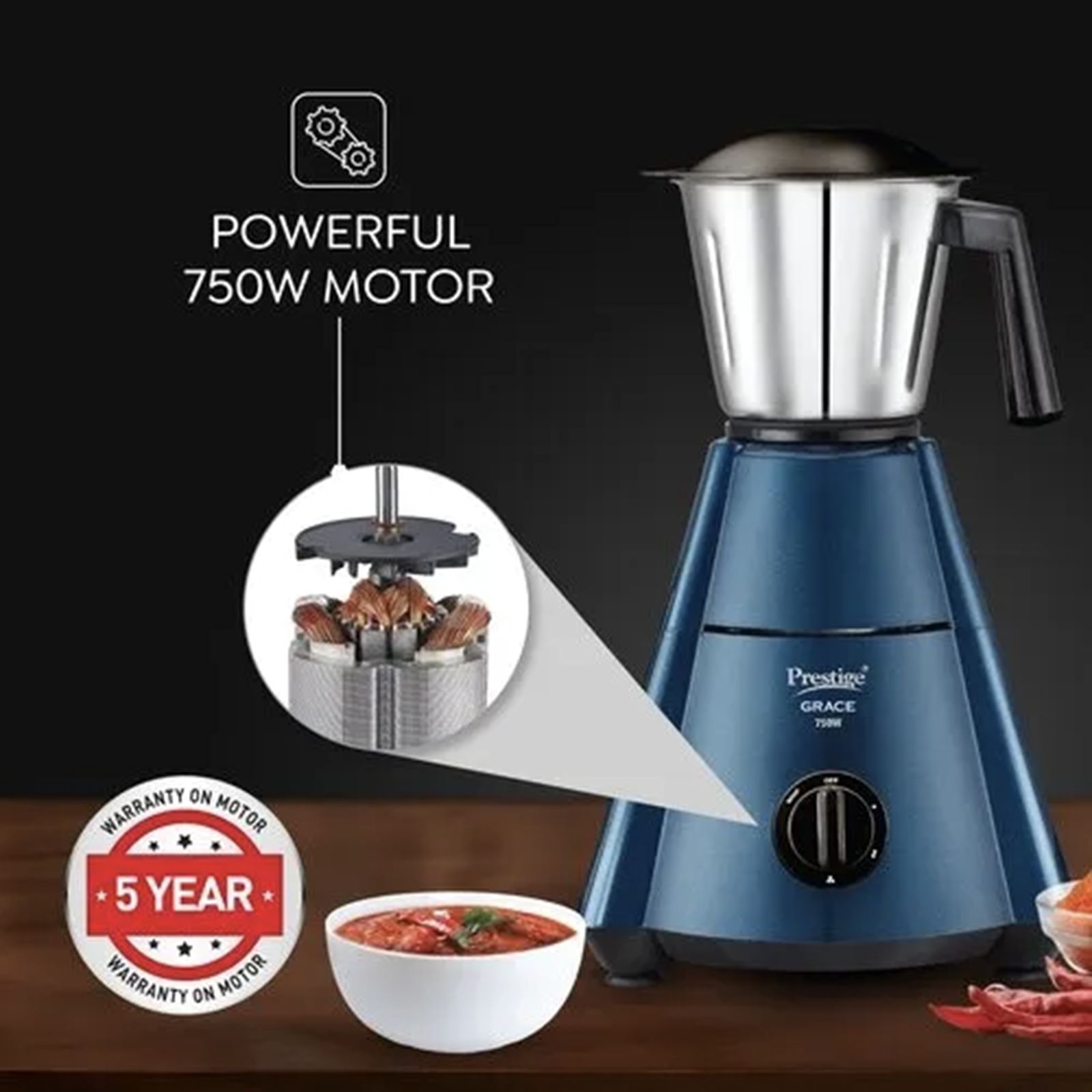 Prestige Grace 750 Watt 3 Jars Mixer Grinder (Dome Shaped LID, Blue & Black) Prestige Grace 750 Watt 3 Jars Mixer Grinder (Dome Shaped LID, Blue & Black)_8