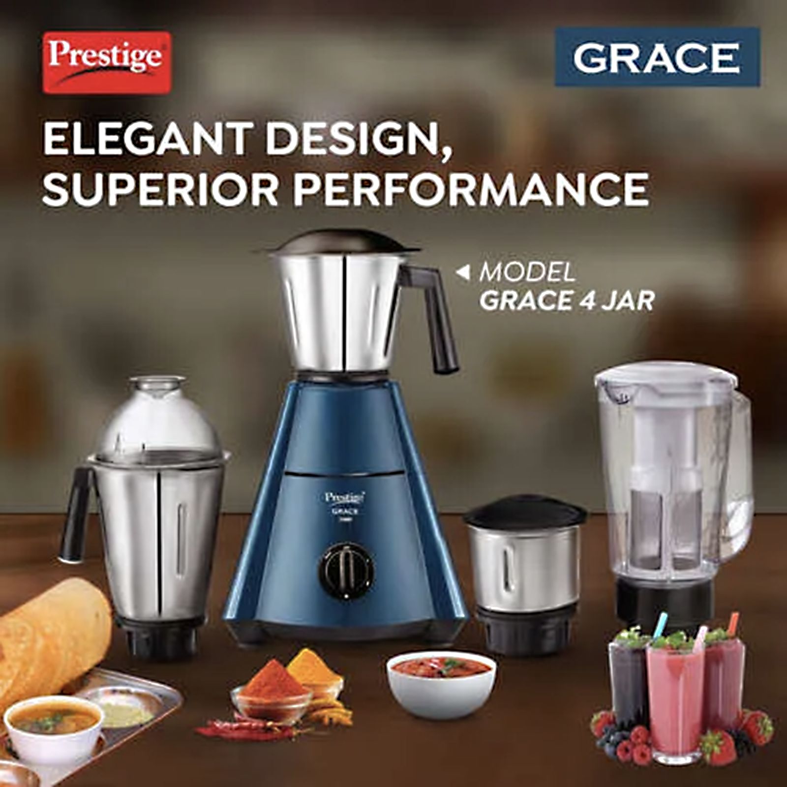 Prestige Grace 750 Watt 4 Jars Juicer Mixer Grinder (Dome Shaped Lid, Blue & Black)_4
