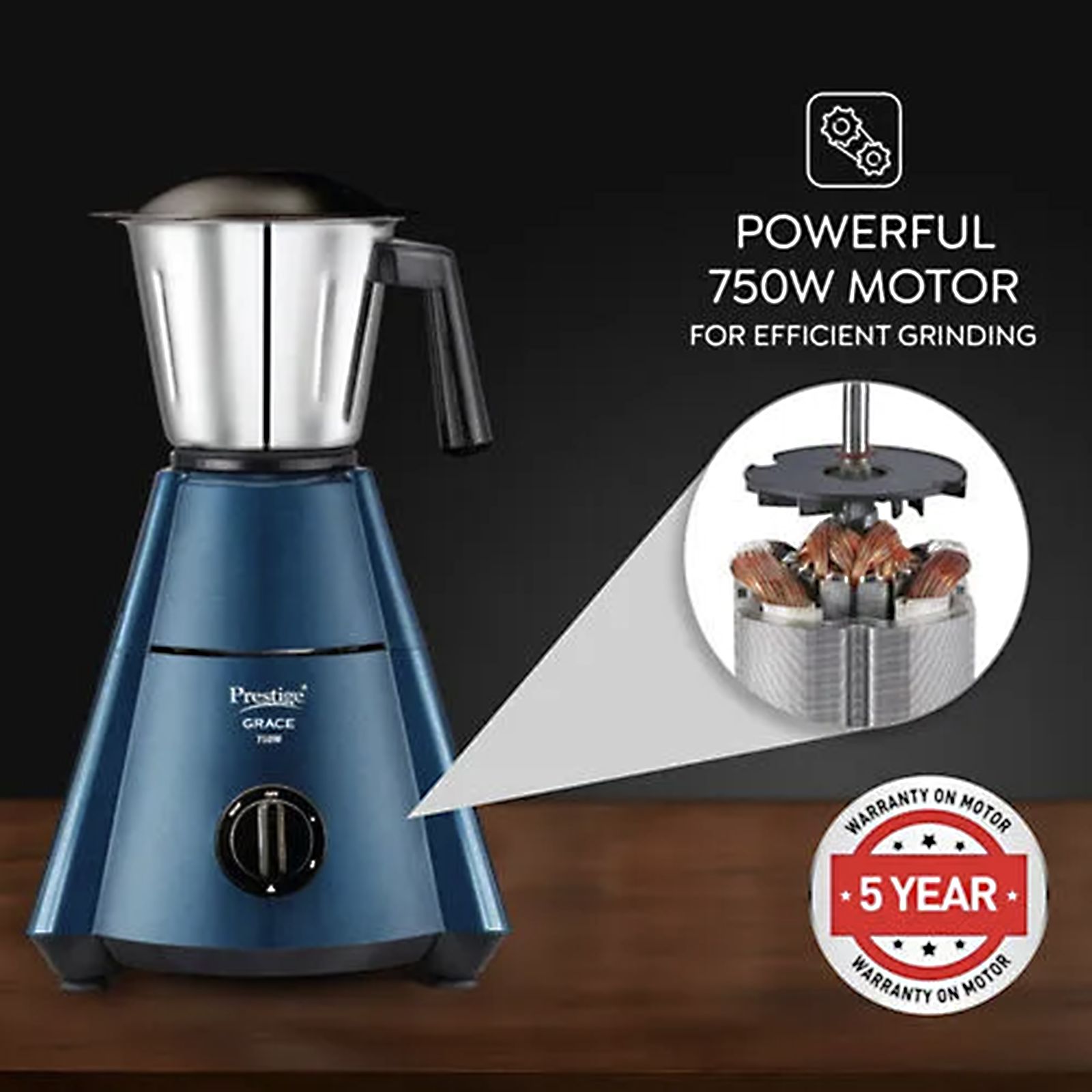 Prestige Grace 750 Watt 4 Jars Juicer Mixer Grinder (Dome Shaped Lid, Blue & Black)_5