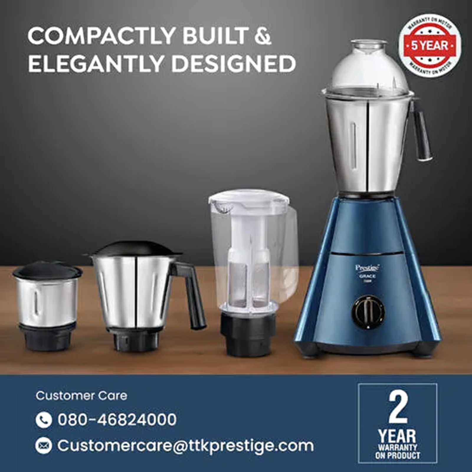 Prestige Grace 750 Watt 4 Jars Juicer Mixer Grinder (Dome Shaped Lid, Blue & Black)_9