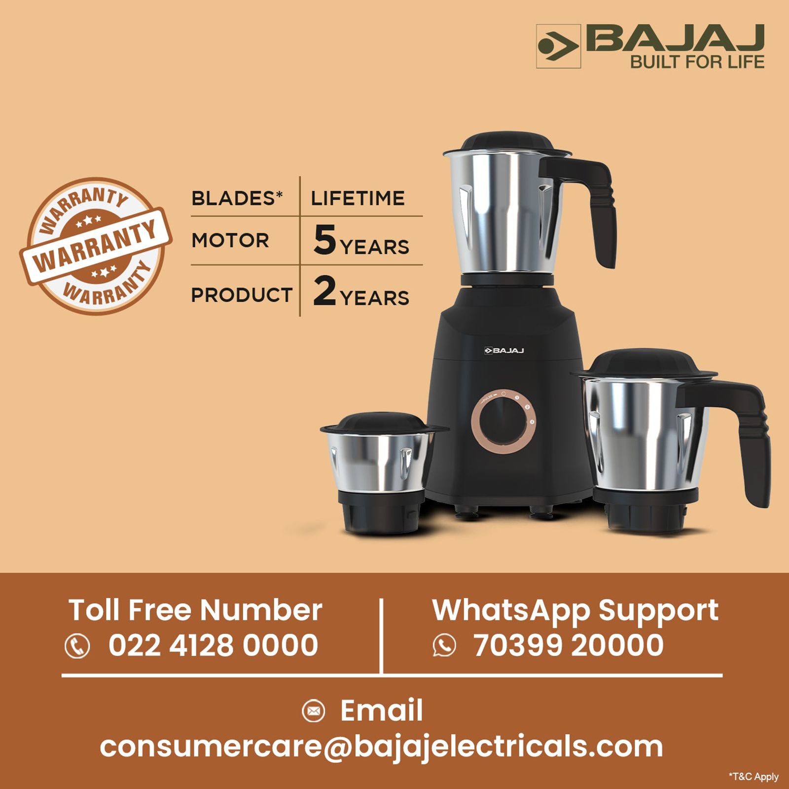 Bajaj Military Series Finesse 750 Watt 3 Jars Mixer Grinder (20000 RPM, Powerful Titan Motor, Black & Copper) Bajaj Military Series Finesse 750 Watt 3 Jars Mixer Grinder (20000 RPM, Powerful Titan Motor, Black & Copper)_8