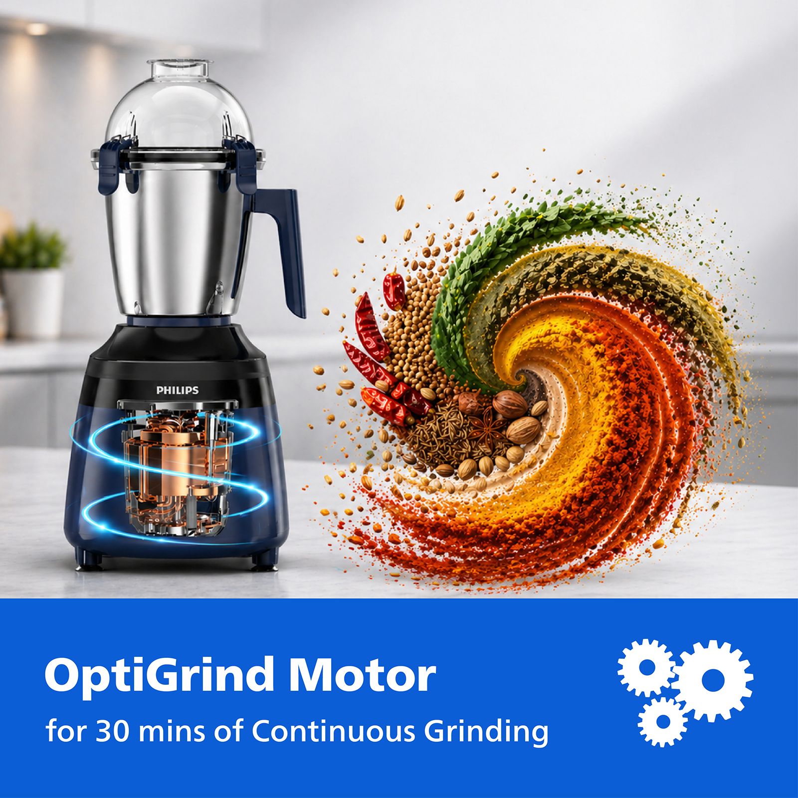 Philips HR7000/01 750 Watt 3 Jars Mixer Grinder (21000 RPM, OptiGrind Motor Technology, Blue) Philips HR7000/01 750 Watt 3 Jars Mixer Grinder (21000 RPM, OptiGrind Motor Technology, Blue)_6
