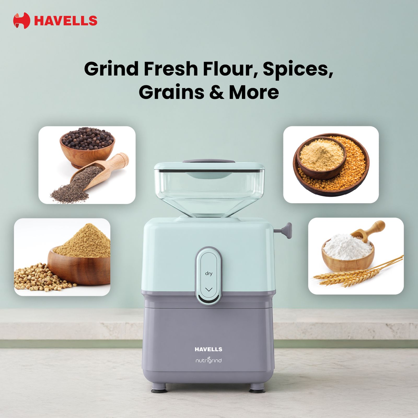 HAVELLS nutrigrind 400 Watts 4.5 Kg Flour Mill Machine (Built in Overload Protection, GHFWGGQG040, Green & Grey) HAVELLS nutrigrind 400 Watts 4.5 Kg Flour Mill Machine (Built in Overload Protection, GHFWGGQG040, Green & Grey)_11
