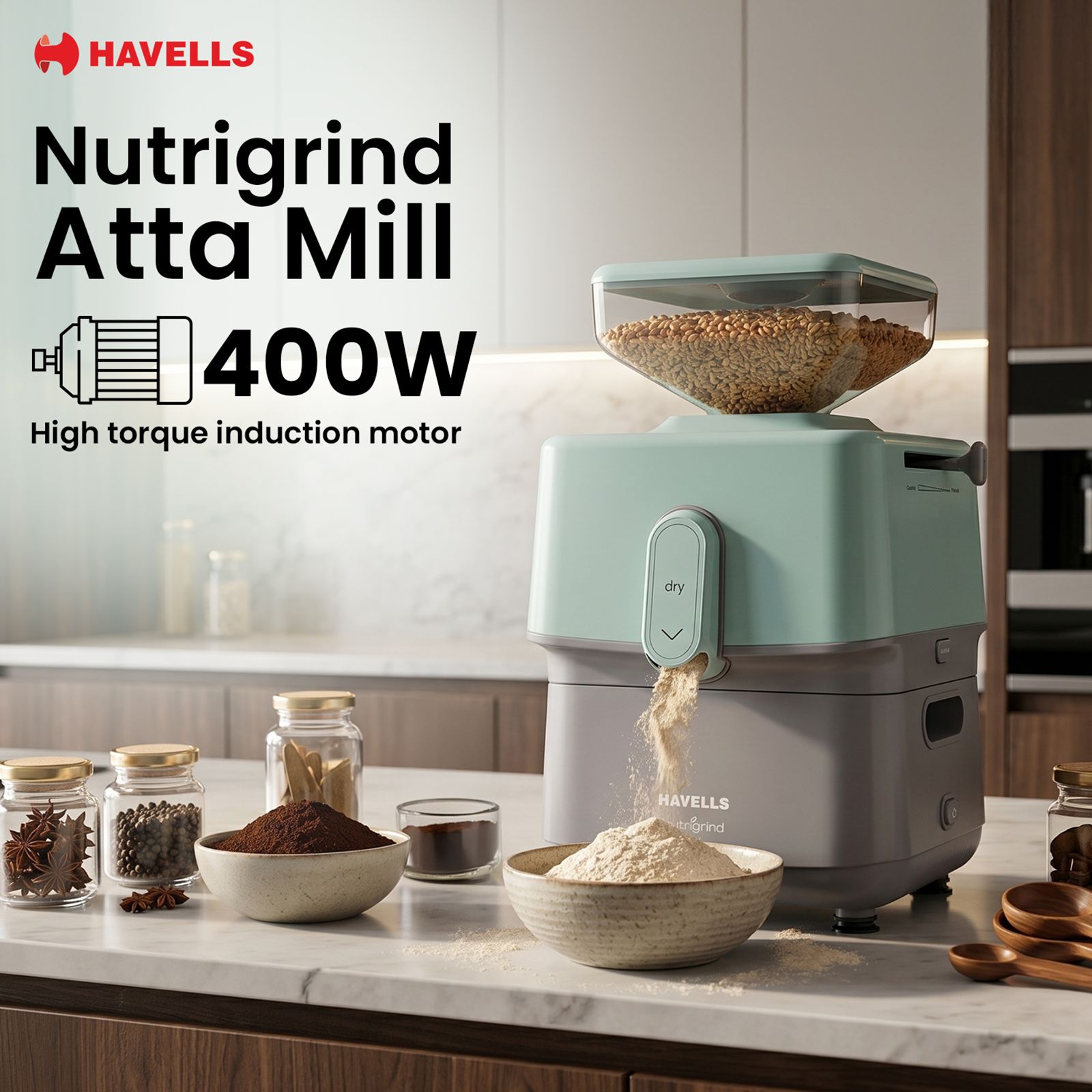 HAVELLS nutrigrind 400 Watts 4.5 Kg Flour Mill Machine (Built in Overload Protection, GHFWGGQG040, Green & Grey) HAVELLS nutrigrind 400 Watts 4.5 Kg Flour Mill Machine (Built in Overload Protection, GHFWGGQG040, Green & Grey)_4