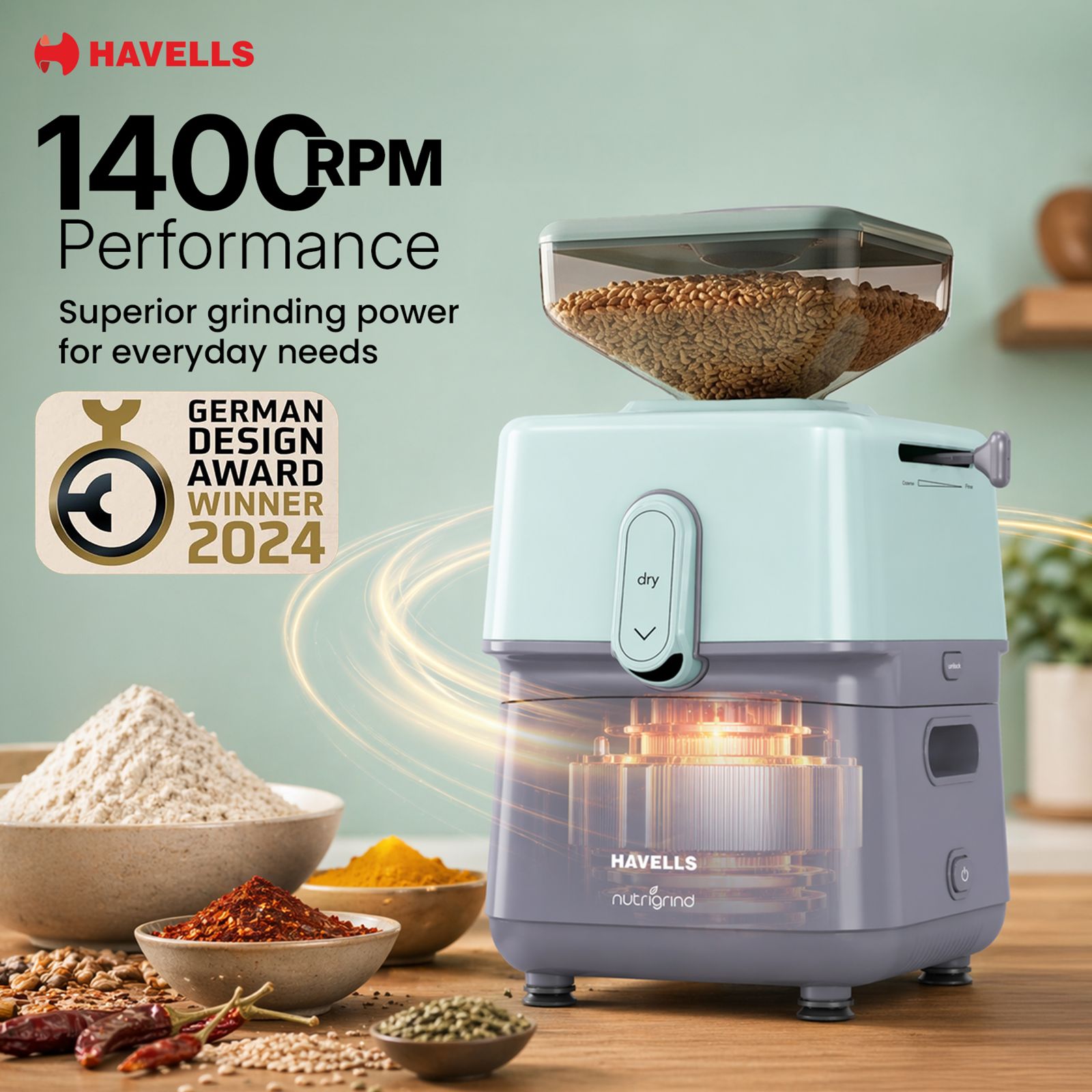 HAVELLS nutrigrind 400 Watts 4.5 Kg Flour Mill Machine (Built in Overload Protection, GHFWGGQG040, Green & Grey) HAVELLS nutrigrind 400 Watts 4.5 Kg Flour Mill Machine (Built in Overload Protection, GHFWGGQG040, Green & Grey)_5