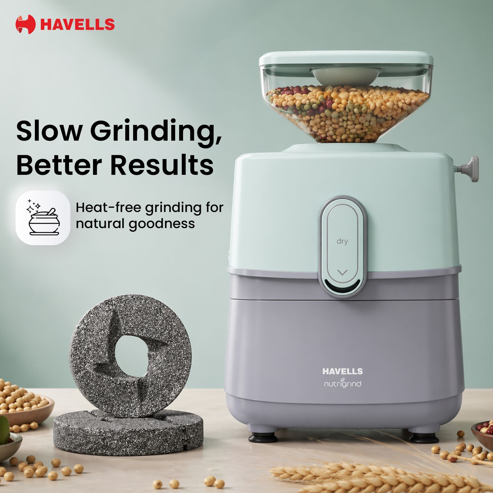 HAVELLS nutrigrind 400 Watts 4.5 Kg Flour Mill Machine (Built in Overload Protection, GHFWGGQG040, Green & Grey) HAVELLS nutrigrind 400 Watts 4.5 Kg Flour Mill Machine (Built in Overload Protection, GHFWGGQG040, Green & Grey)_7