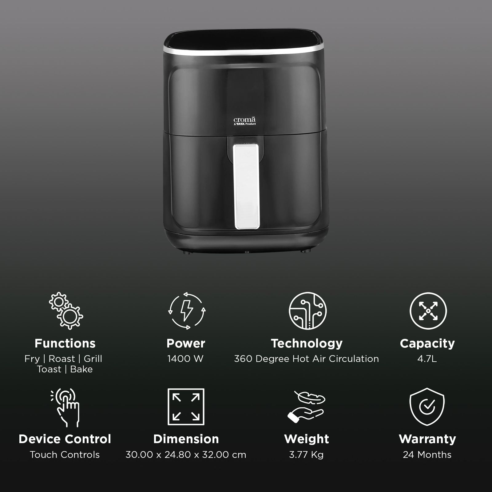 Croma 4.7L 1400 Watt Digital Air Fryer with 360 Degree Hot Air Circulation (Black) Croma 4.7L 1400 Watt Digital Air Fryer with 360 Degree Hot Air Circulation (Black)_2