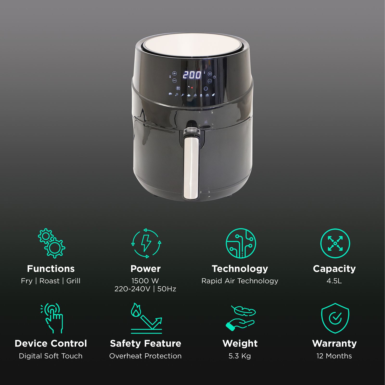 FABER 4.5L 1500 Watt Digital Air Fryer with Rapid Air Technology (Black) FABER 4.5L 1500 Watt Digital Air Fryer with Rapid Air Technology (Black)_3