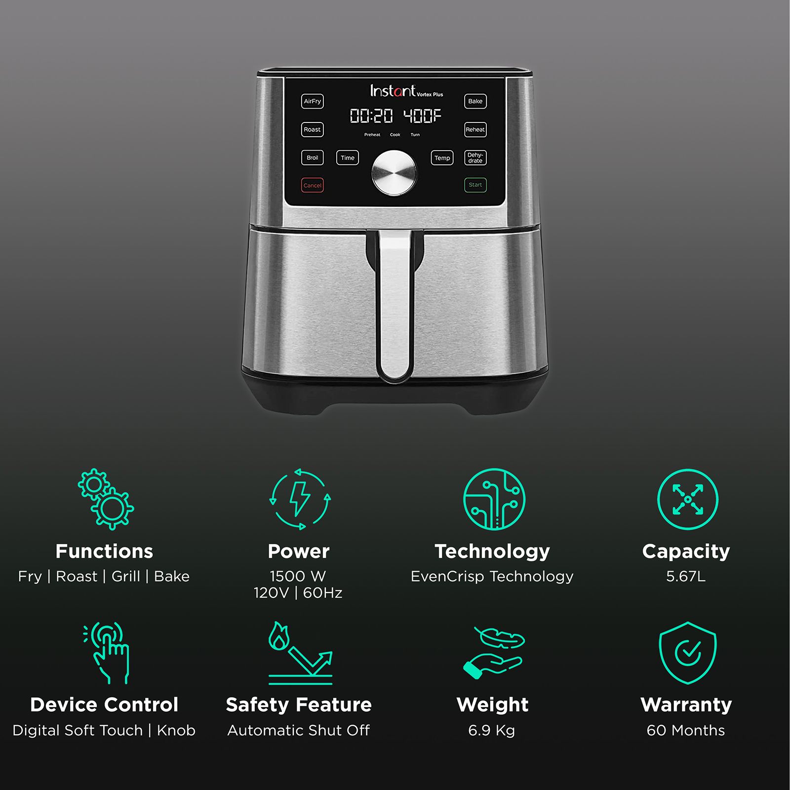 Instant Pot Vortex Plus 5.67L 1500 Watt Digital Air Fryer with EvenCrisp Technology (Silver)_3