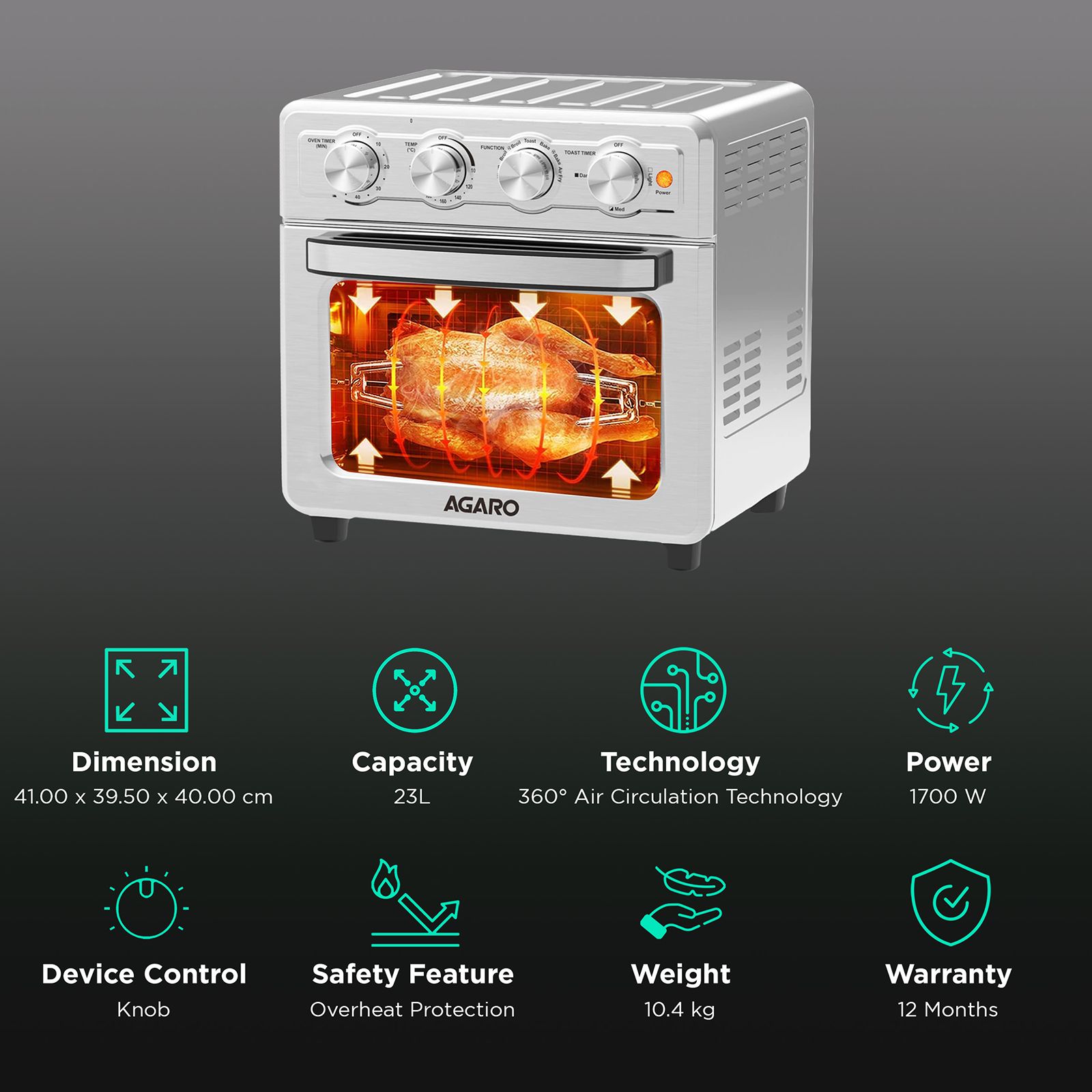 AGARO Regal 23L 1700 Watt Air Fryer with 360 Degree Heat Circulation Technology (Silver) AGARO Regal 23L 1700 Watt Air Fryer with 360 Degree Heat Circulation Technology (Silver)_3