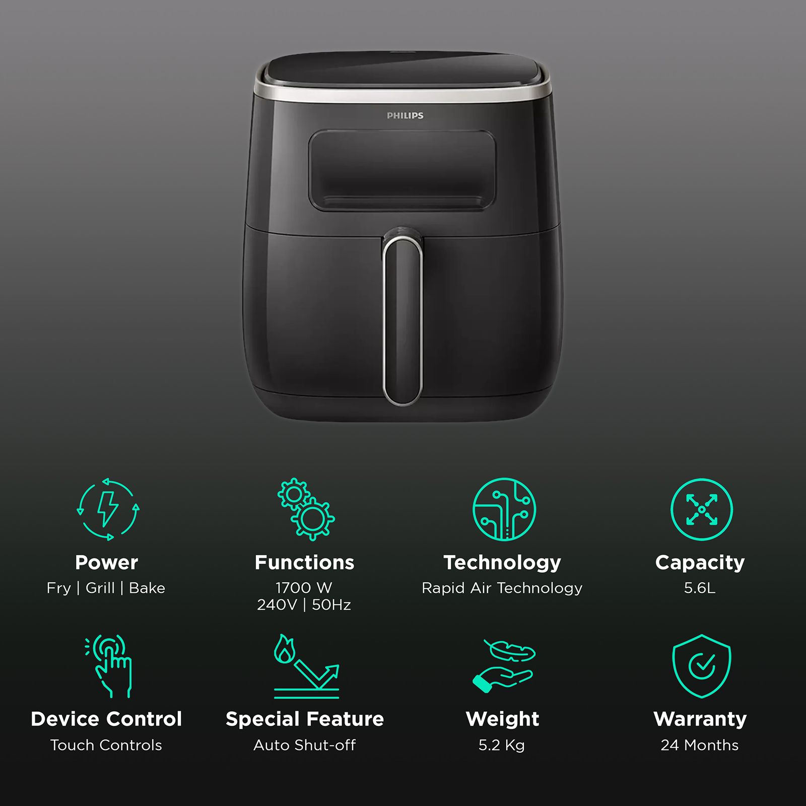 PHILIPS 5.6L 1700 Watt Digital Air Fryer with Rapid Air Technology (Silver) PHILIPS 5.6L 1700 Watt Digital Air Fryer with Rapid Air Technology (Silver)_3