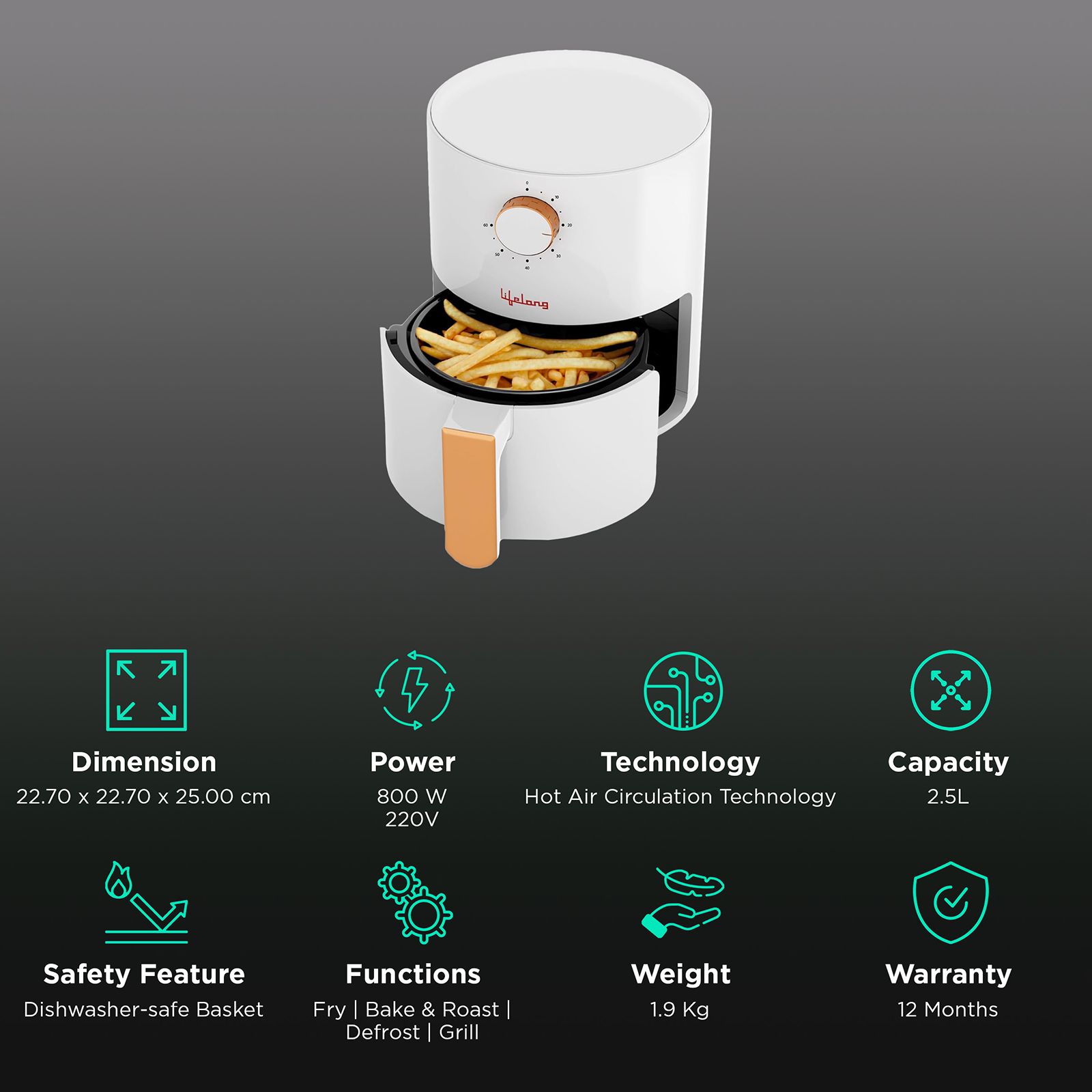Lifelong LLHF25 2.5L 800 Watt Air Fryer with Air Circulation Technology (White) Lifelong LLHF25 2.5L 800 Watt Air Fryer with Air Circulation Technology (White)_3