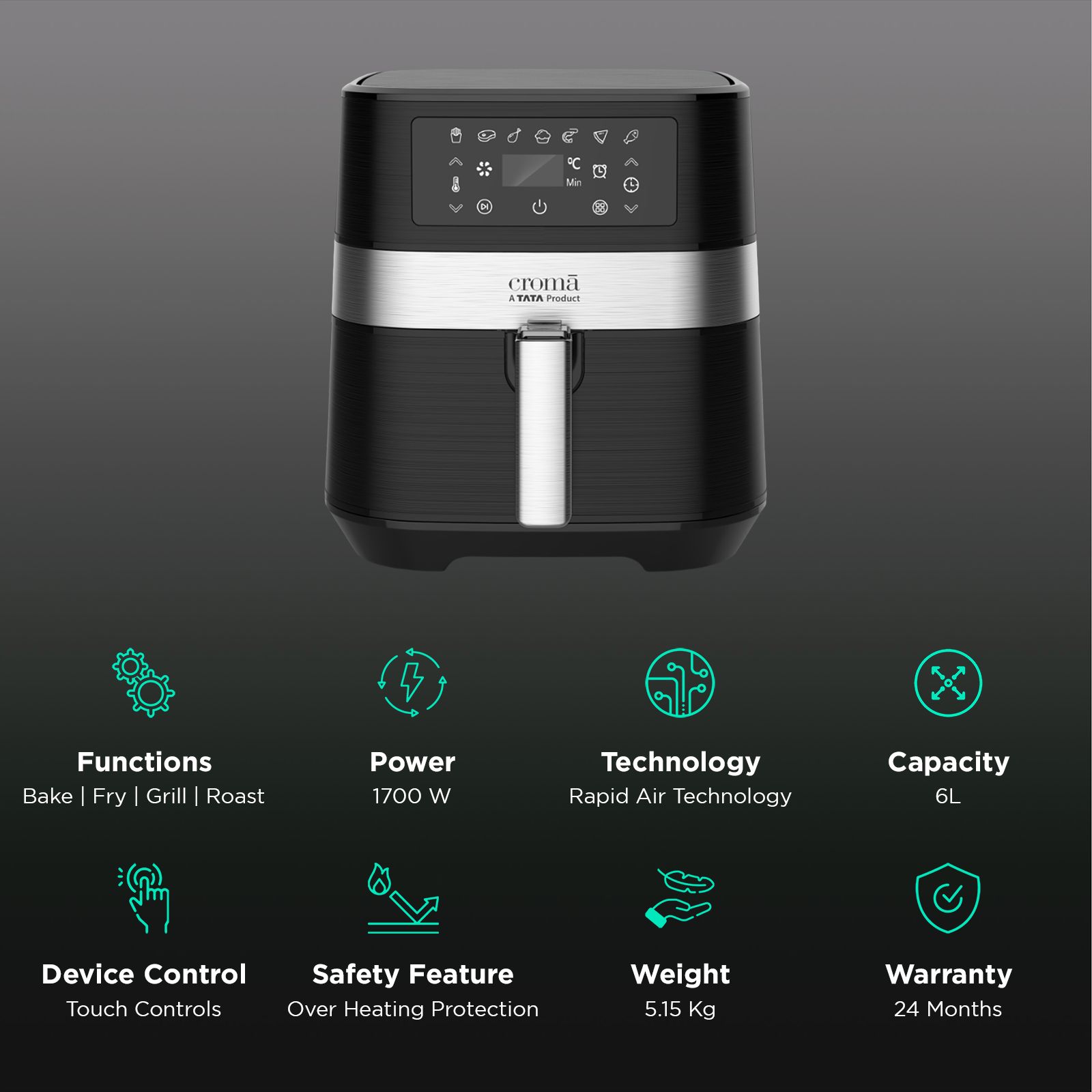 Croma 6L 1700 Watt Digital Air Fryer with Rapid Air Circulation System (Black) Croma 6L 1700 Watt Digital Air Fryer with Rapid Air Circulation System (Black)_3