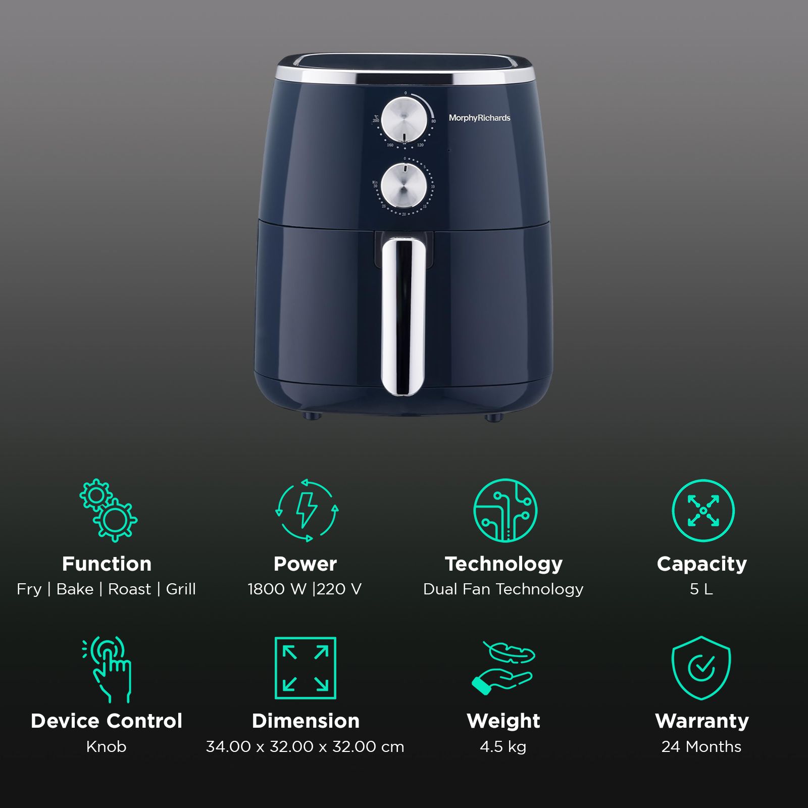 Morphy Richards Crisp Pro Classic 5L 1800 Watt Air Fryer with Dual Fan Technology (Navy Blue) Morphy Richards Crisp Pro Classic 5L 1800 Watt Air Fryer with Dual Fan Technology (Navy Blue)_4