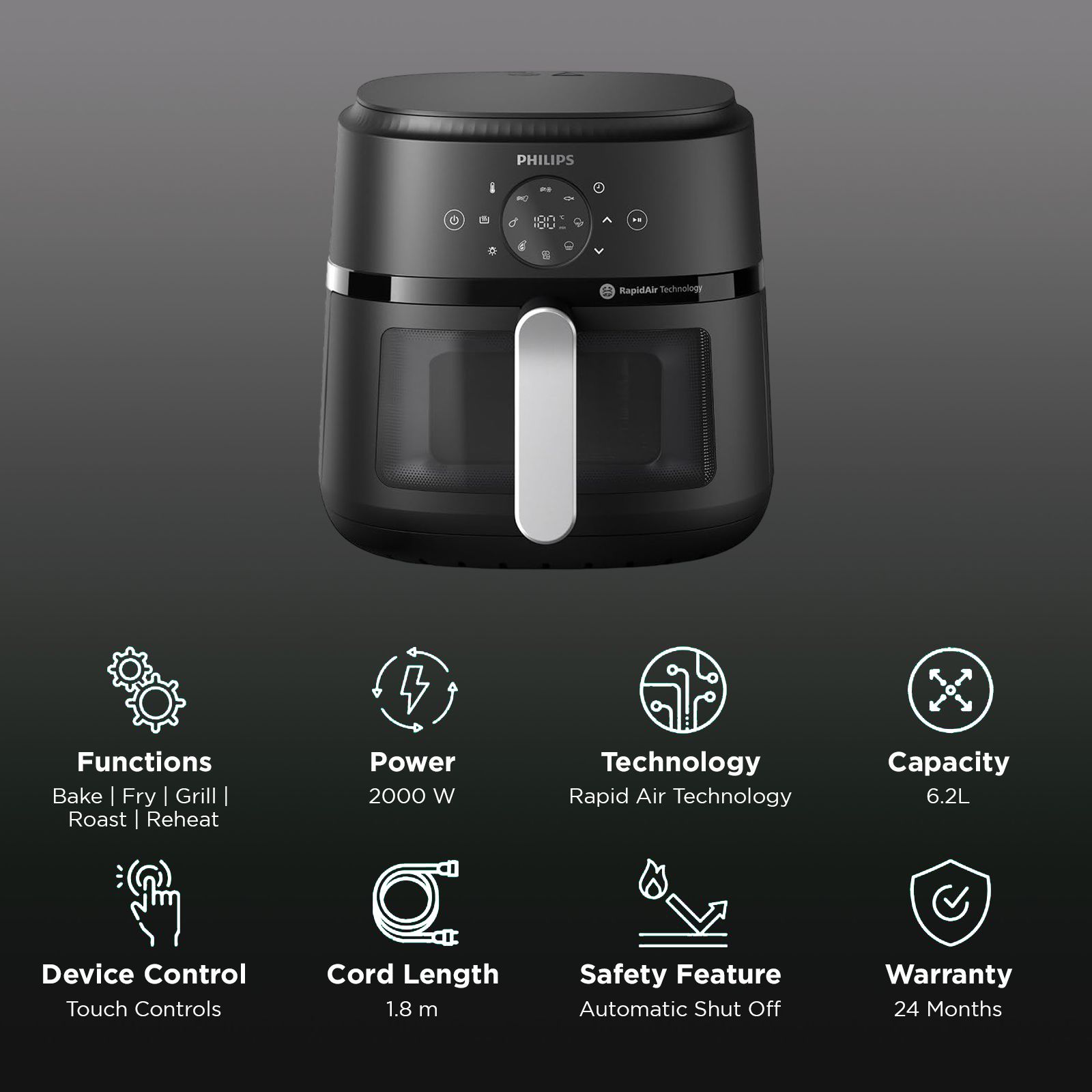 PHILIPS 2000 Series 6.2L 1700 Watt Digital Air Fryer with Rapid Air Technology (Black)_3