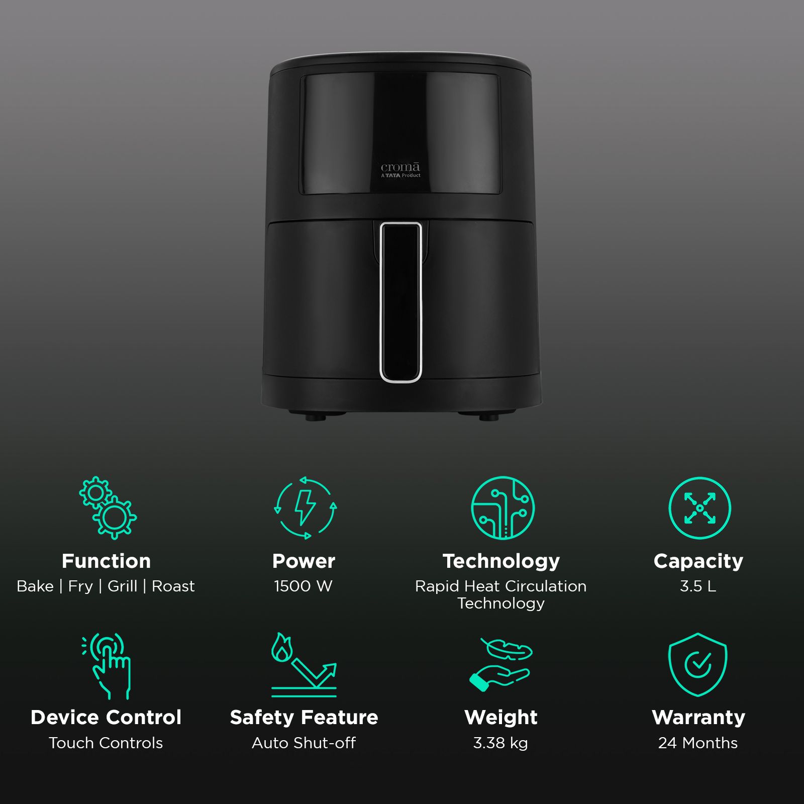Croma 3.5L 1500 Watt Digital Air Fryer with Rapid Heat Circulation Technology (Black)_3