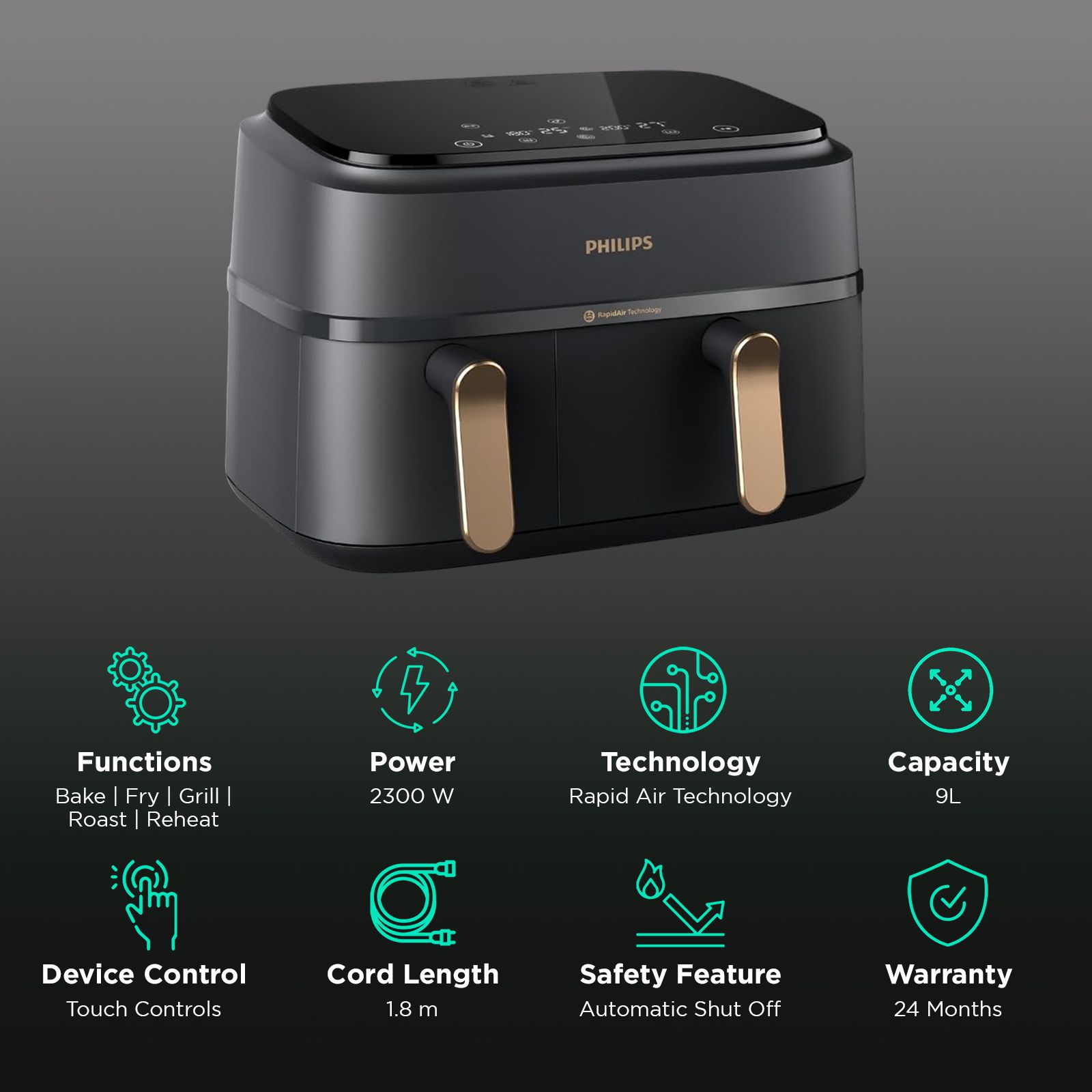 PHILIPS 3000 Series 9L 2750 Watt Digital Air Fryer with Rapid Air Technology (Black & Gold) PHILIPS 3000 Series 9L 2750 Watt Digital Air Fryer with Rapid Air Technology (Black & Gold)_3