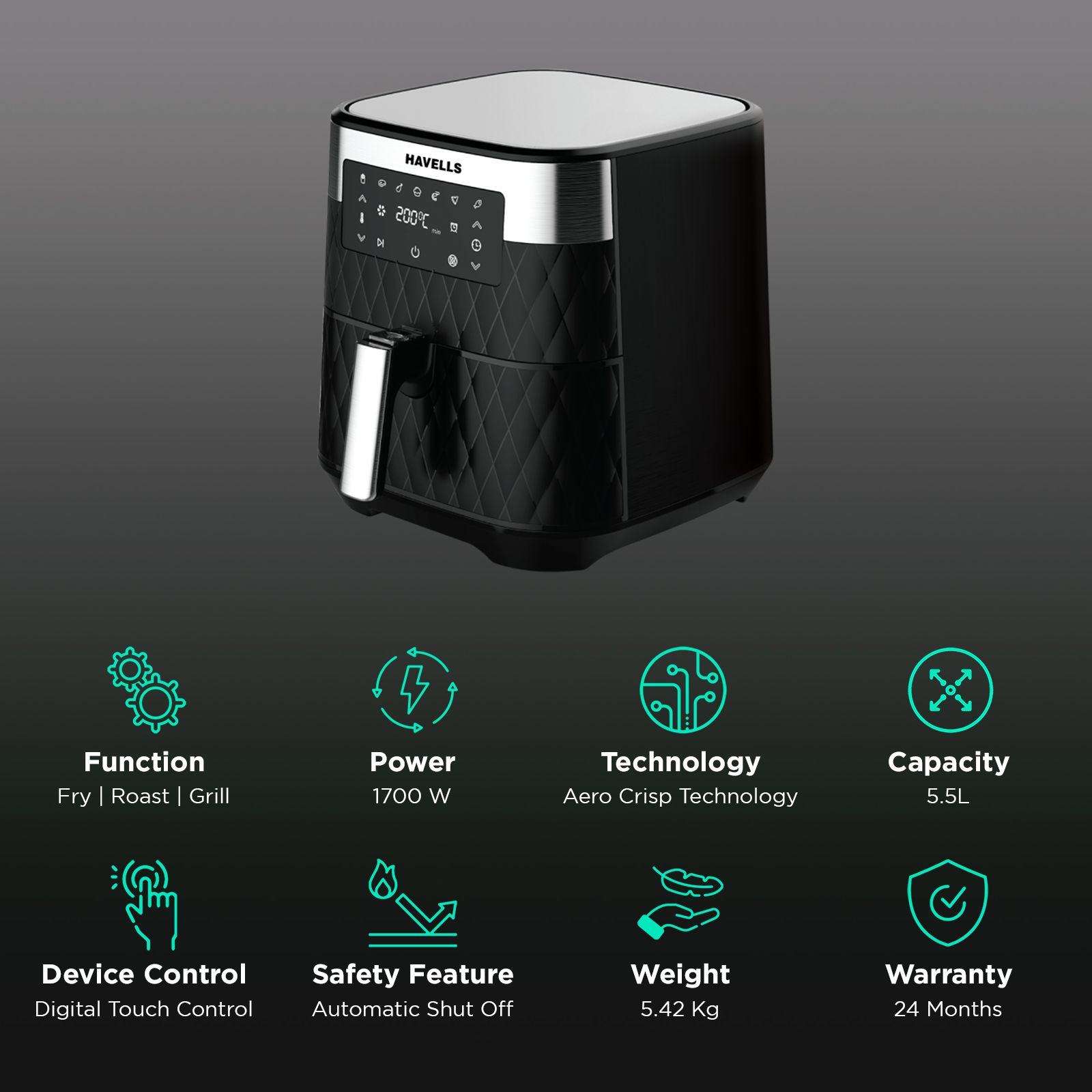 Havells Prolife Luxria 5.5L 1700 Watt Digital Air Fryer with Aero Crisp Technology (Black) Havells Prolife Luxria 5.5L 1700 Watt Digital Air Fryer with Aero Crisp Technology (Black)_3