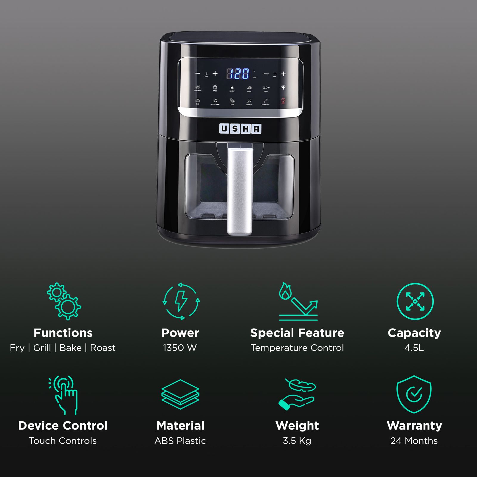 USHA iChef Smart 4.5L 1350 Watt Digital Air Fryer with Turbo Air Circulation Technology (Black)_3
